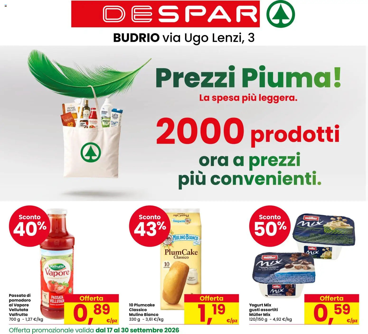 Volantino Despar del 17/09/2026 | Pagina: 1 | Prodotti: Cioccolato, Pomodoro, Latte, Piselli