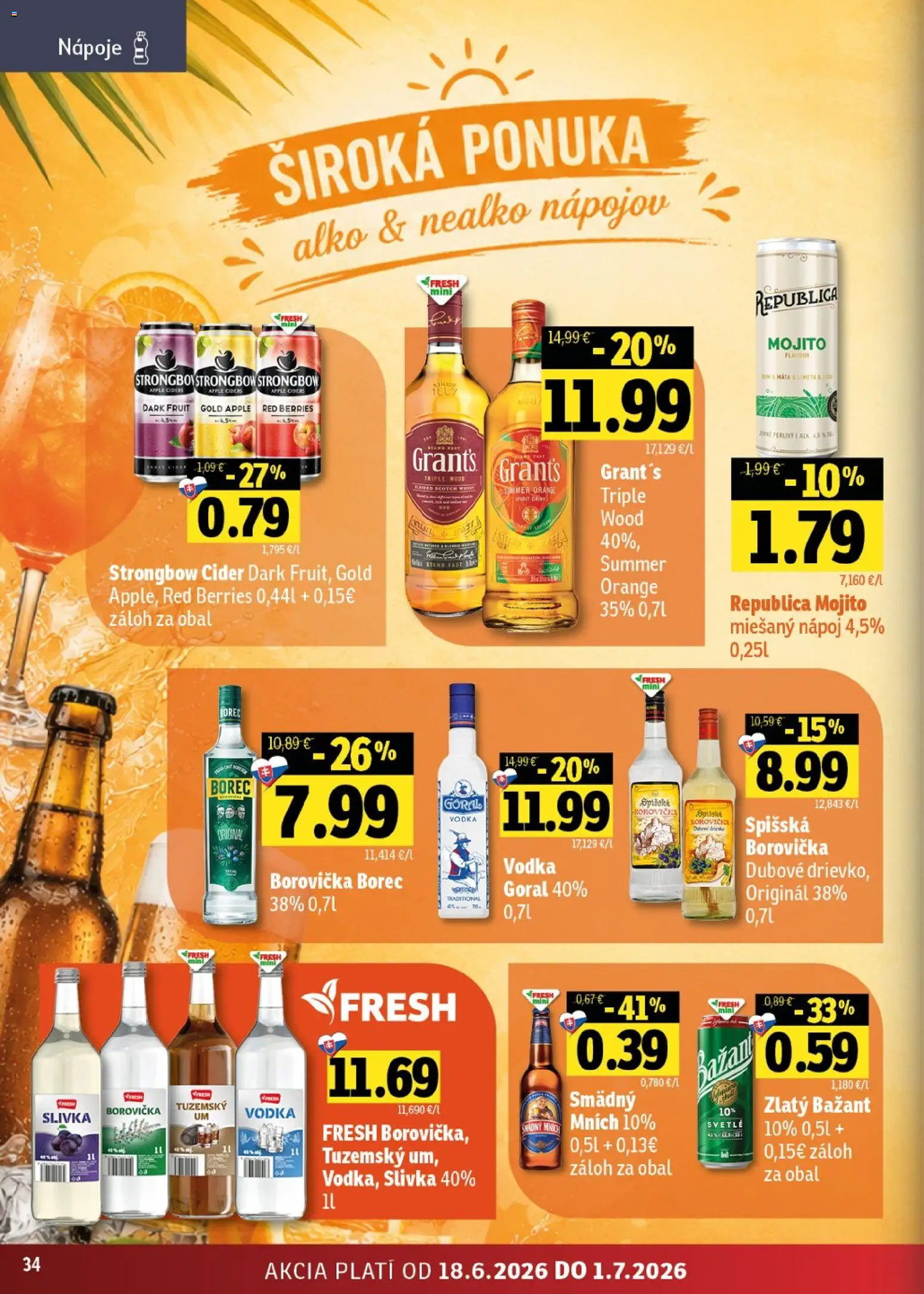 Nové Fresh akcie – leták je platný od 18.06.2026 | Strana: 34 | Produkty: Borovička, Apple, Zlatý Bažant, Strongbow