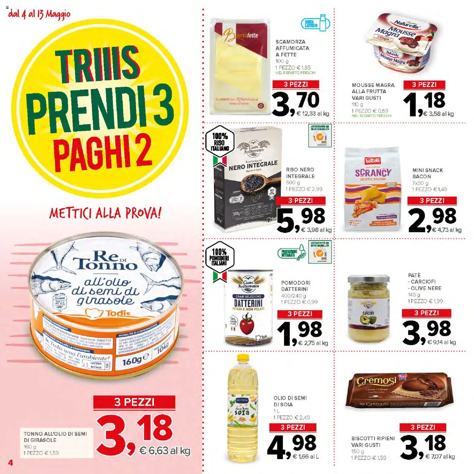 Volantino Todis del 04.05.2026 | Pagina: 4 | Prodotti: Riso, Olio, Pomodori, Tonno