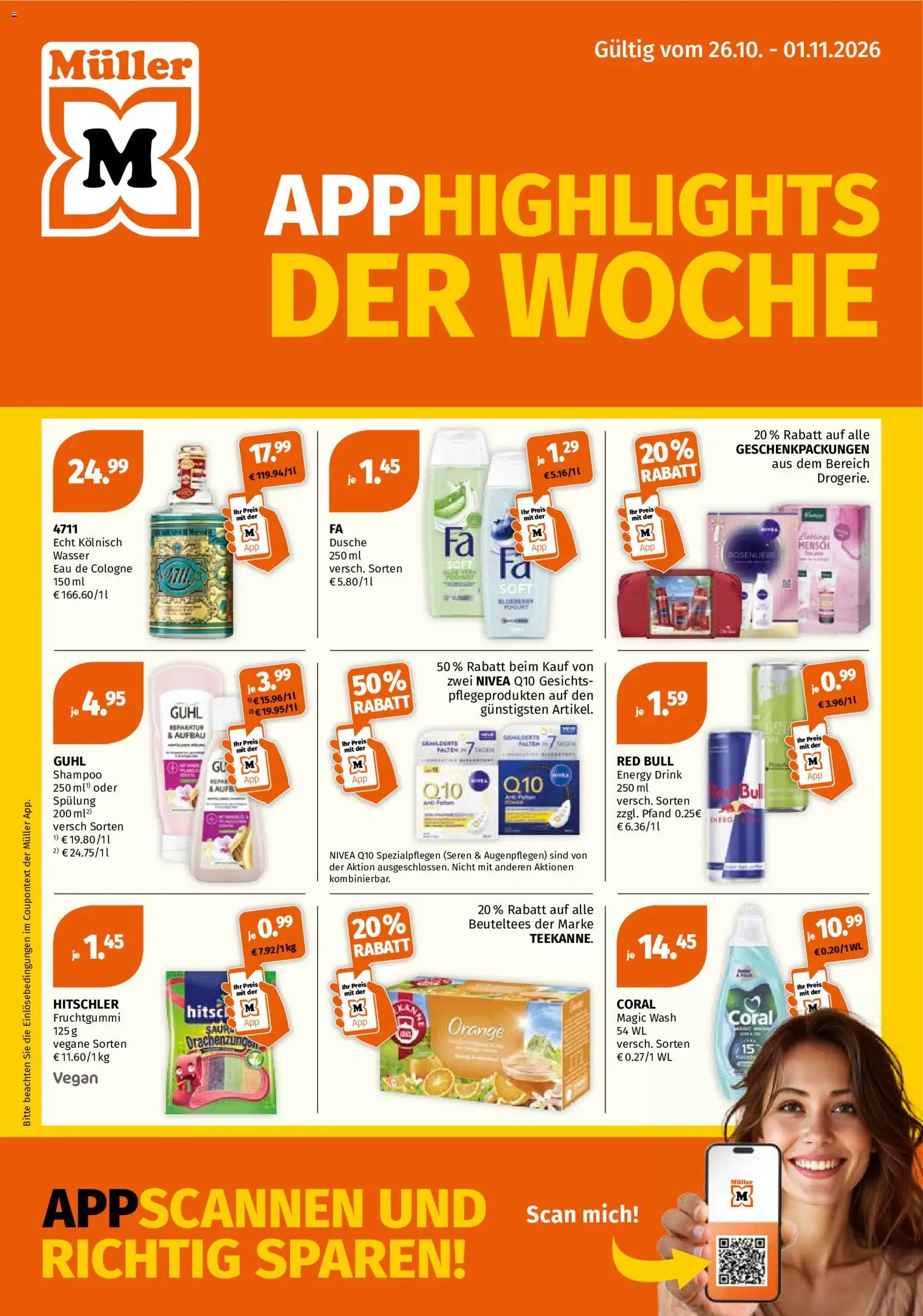 Müller Flugblatt gültig ab 26.10.2026 | Seite: 1 | Produkte: Wasser, Dusche, Shampoo, Spülung