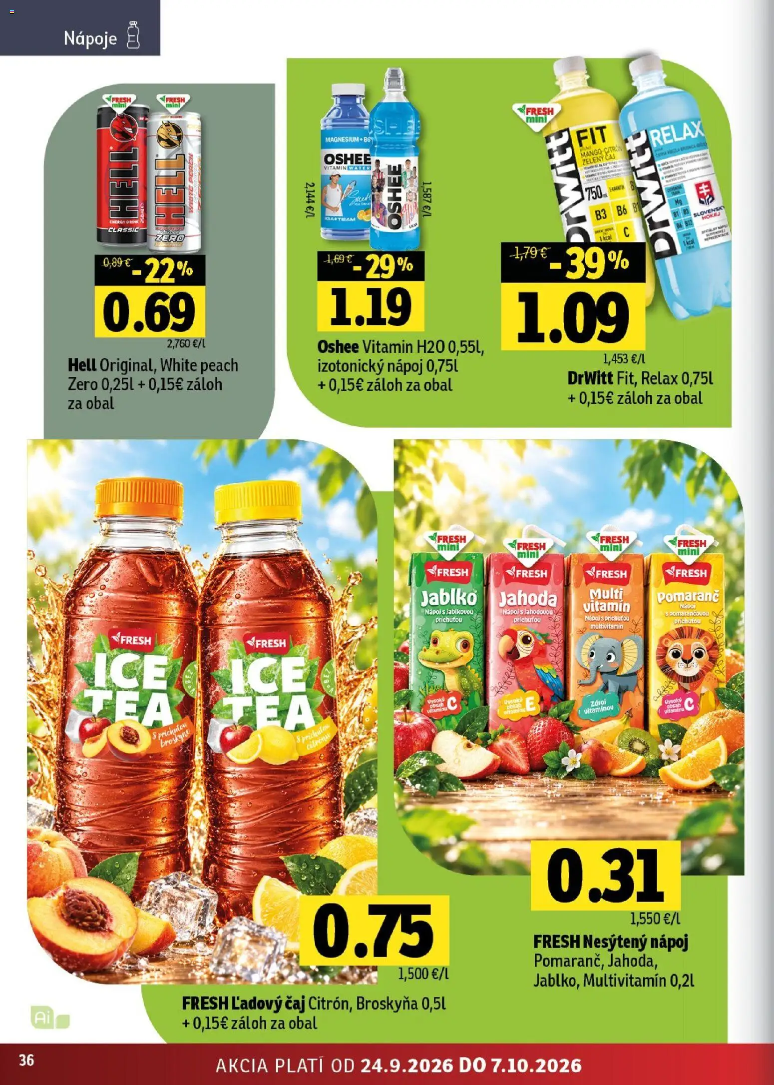 Nové Fresh akcie – leták je platný od 24.09.2026 | Strana: 36 | Produkty: Multivitamín, Nápoje, Zelený čaj, Broskyne