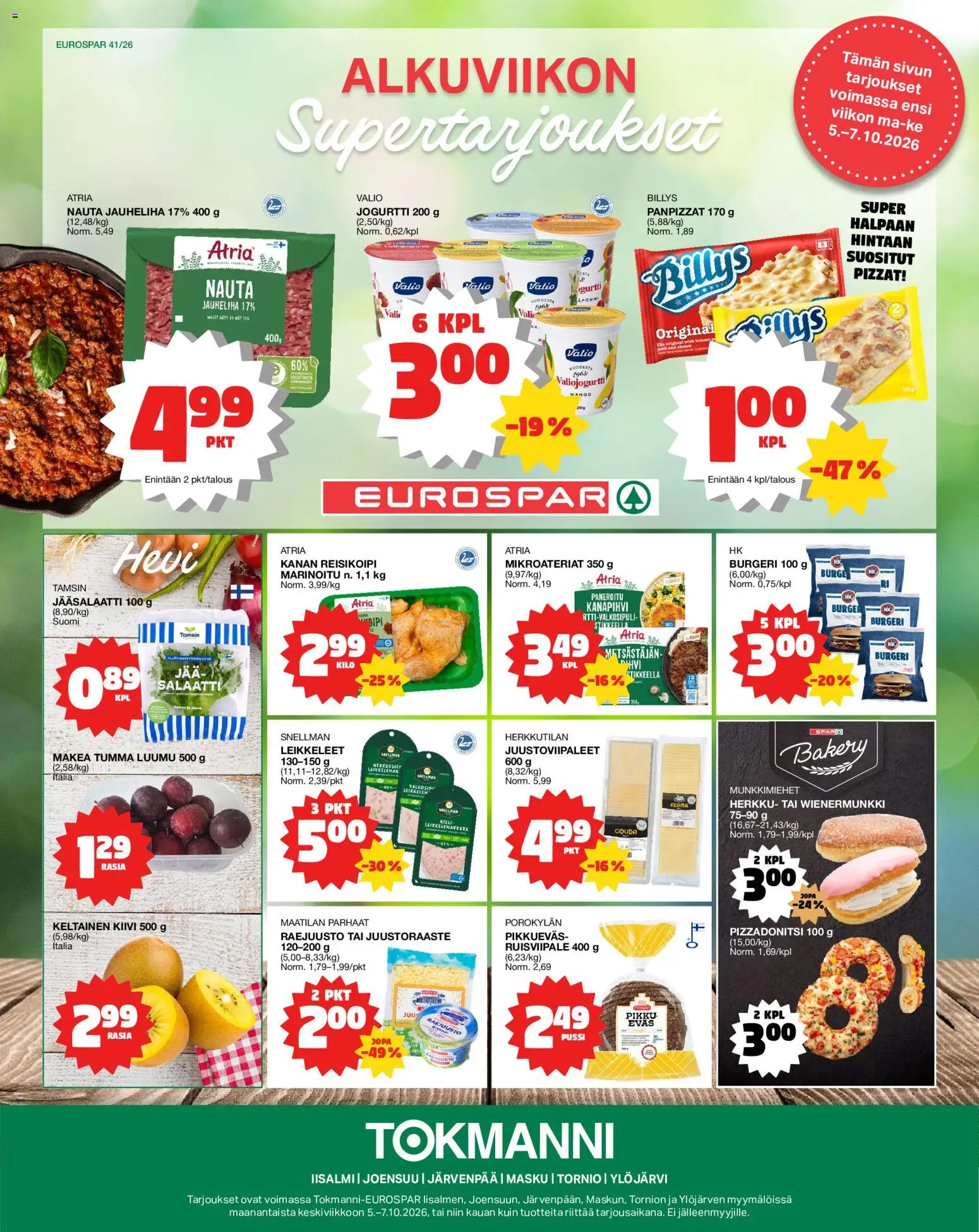 Tokmanni Eurospar – voimassa 05/10/2026 alkaen | Sivu: 1 | Tuotteet: Luumu, Jauheliha, Juustoraaste, Kiivi