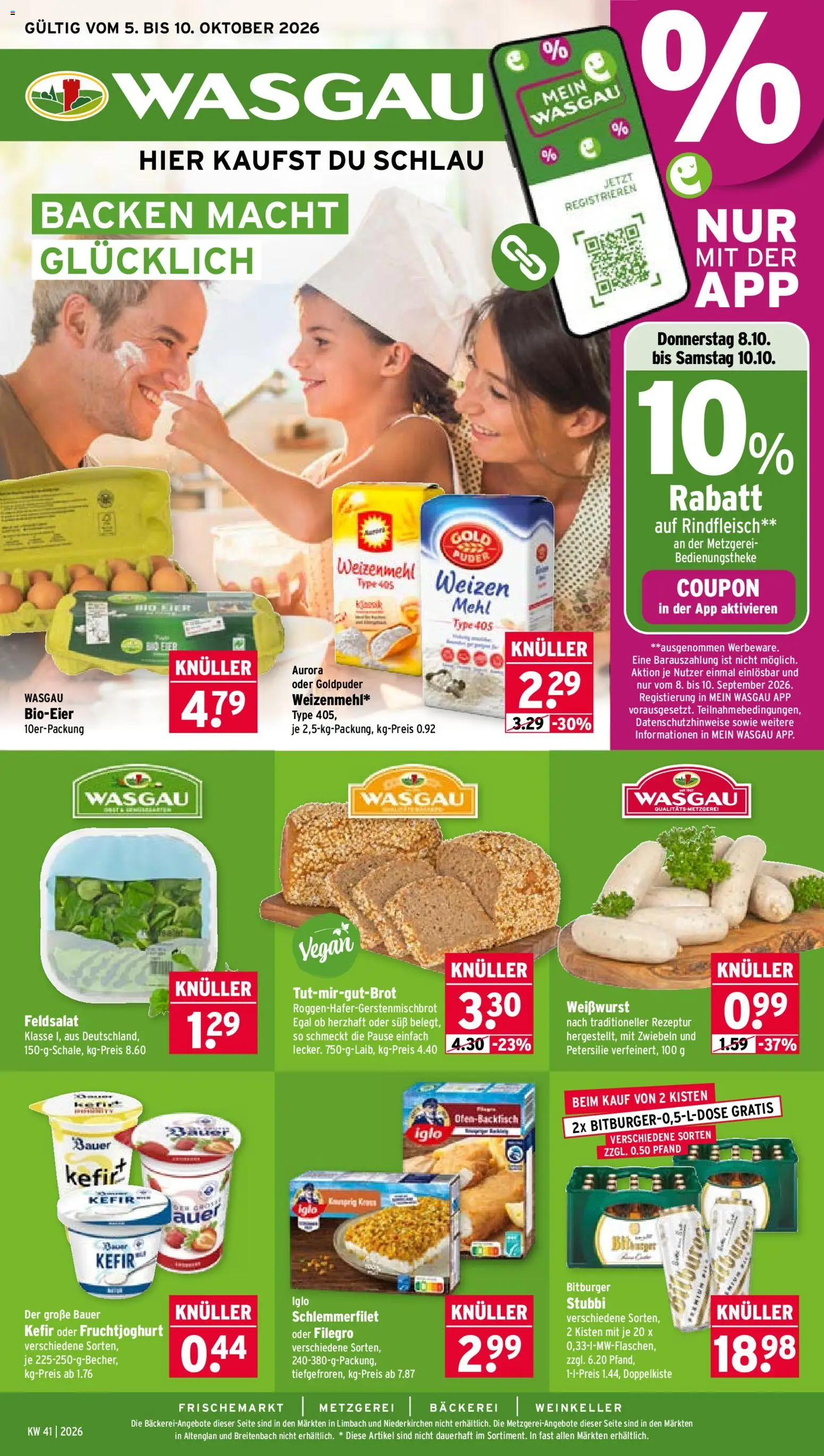 Wasgau Prospekt – gültig ab 05.10.2026 | Seite: 1 | Produkte: Bitburger, Iglo, Weißwurst, Weizenmehl