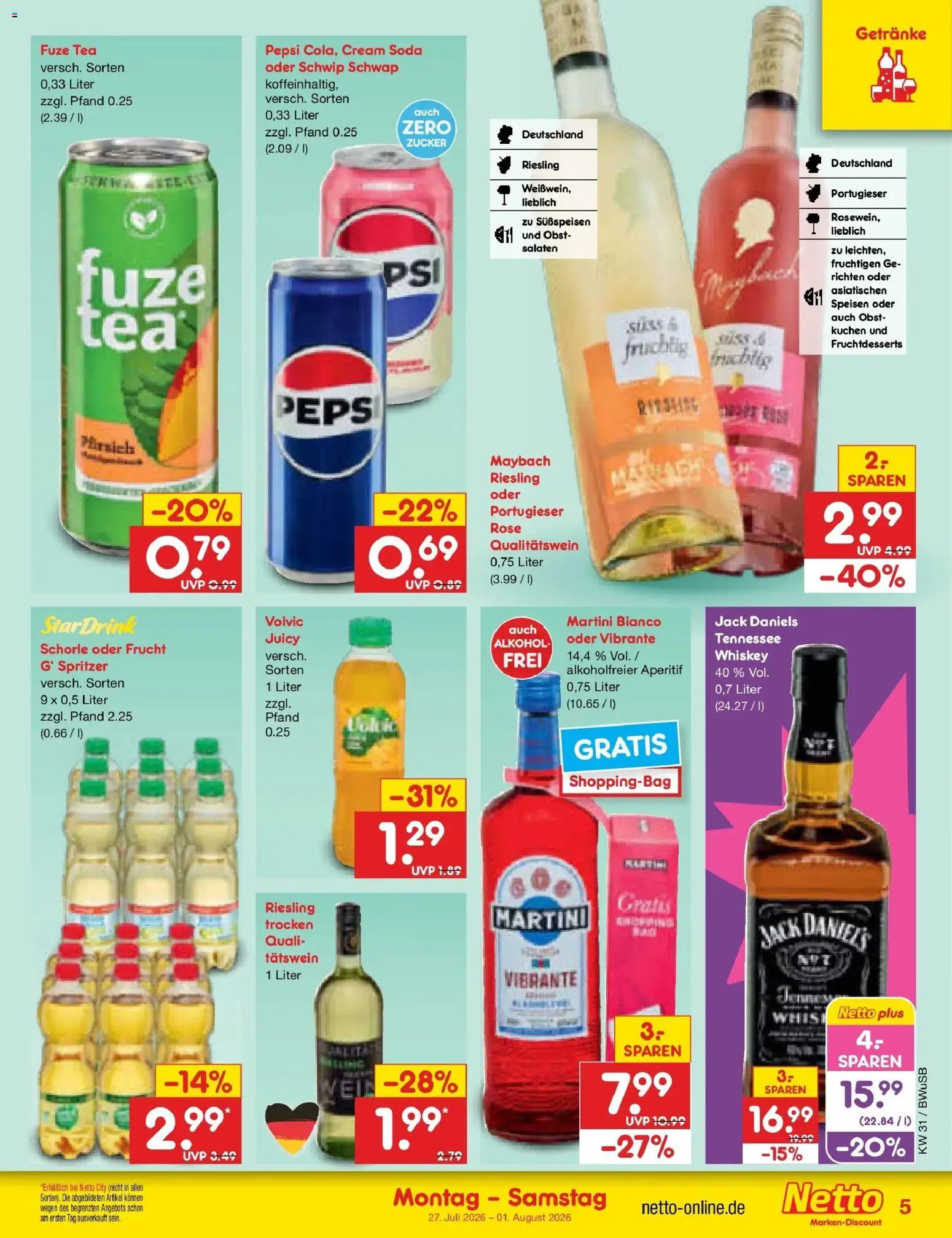 Netto Marken-Discount Prospekt Bielefeld – gültig ab 27.07.2026 | Seite: 5 | Produkte: Fuze tea, Jack Daniel's, Zucker, Kuchen