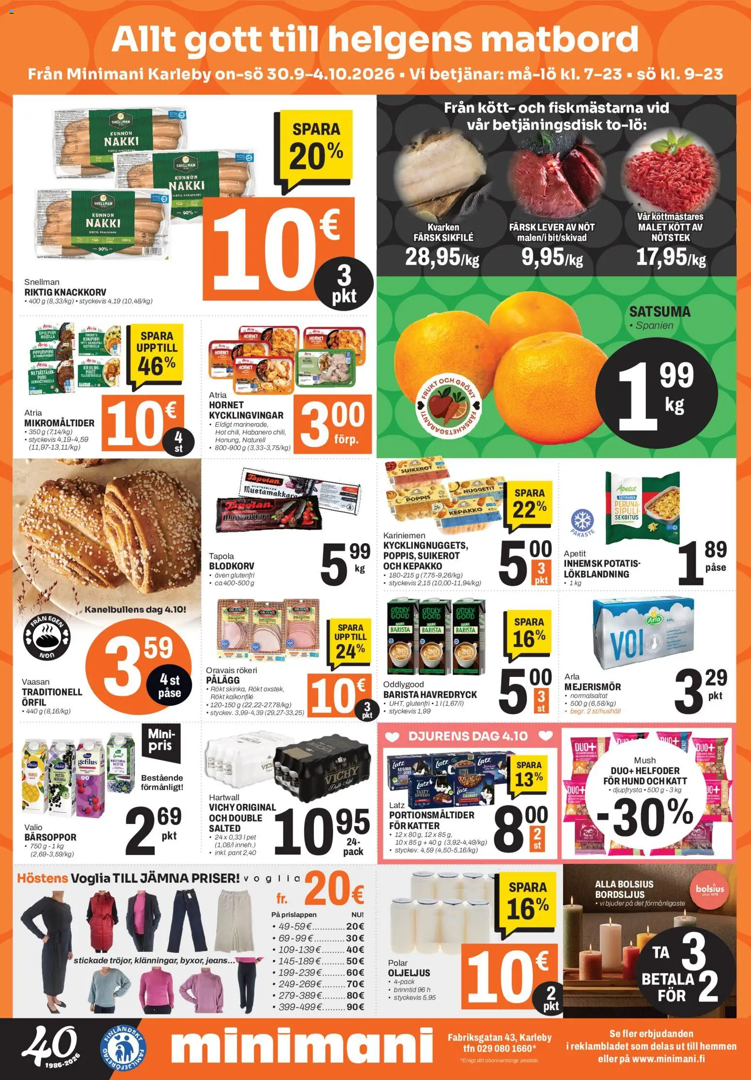 Minimani tarjoukset Kokkola – voimassa 30/09/2026 alkaen | Sivu: 2 | Tuotteet: Kirjolohi, Mango, Satsuma, Peruna