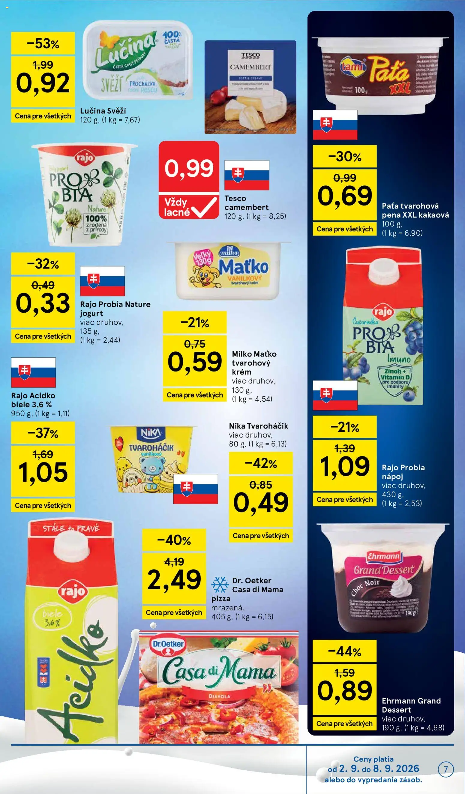 Nové Tesco akcie – leták je platný od 02.09.2026 | Strana: 7 | Produkty: Krém, Tvarohový krém, Camembert, Pena