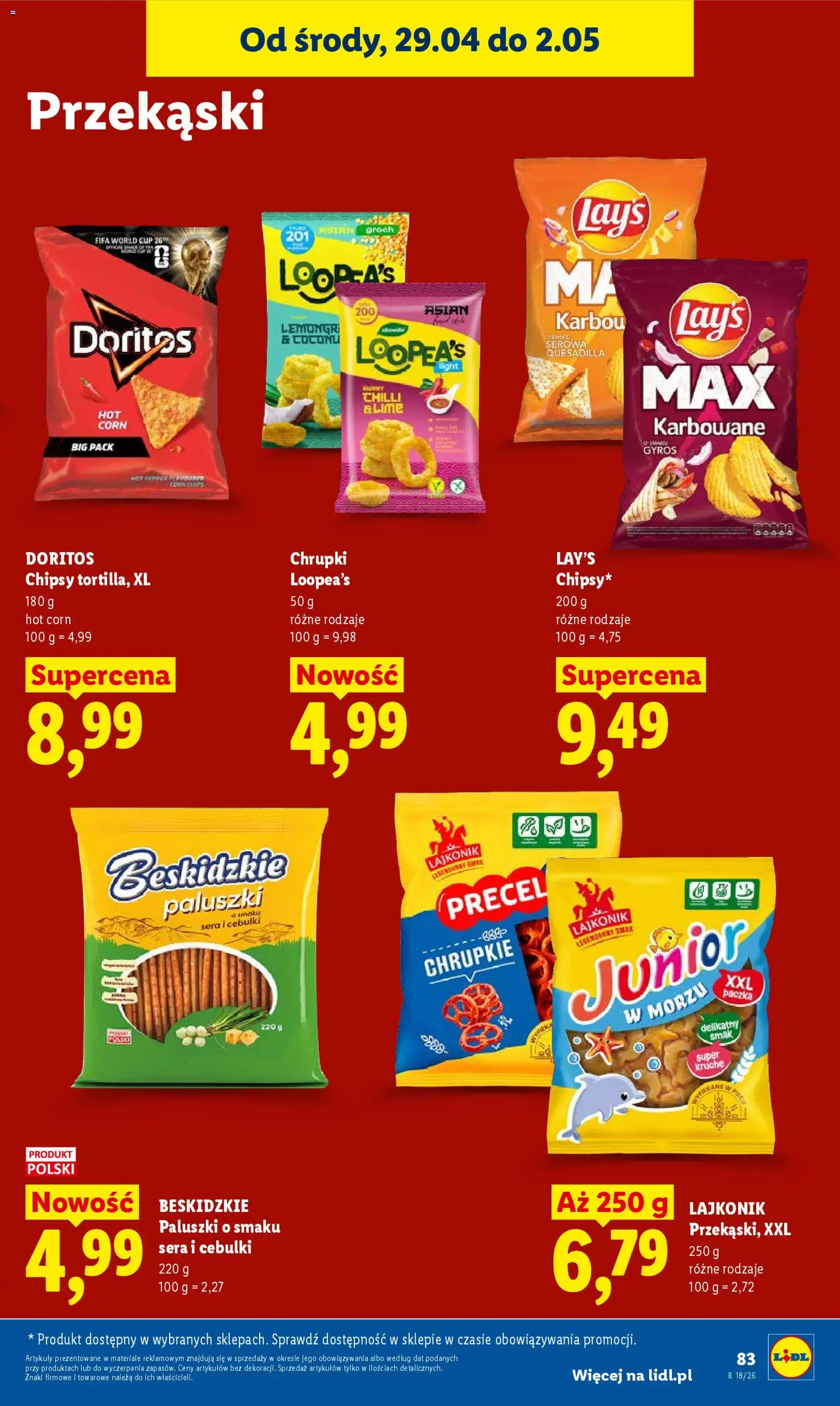 Lidl gazetka od 29.04.2026 | Strona: 85 | Produkty: Groch, Chipsy, Doritos, Paluszki