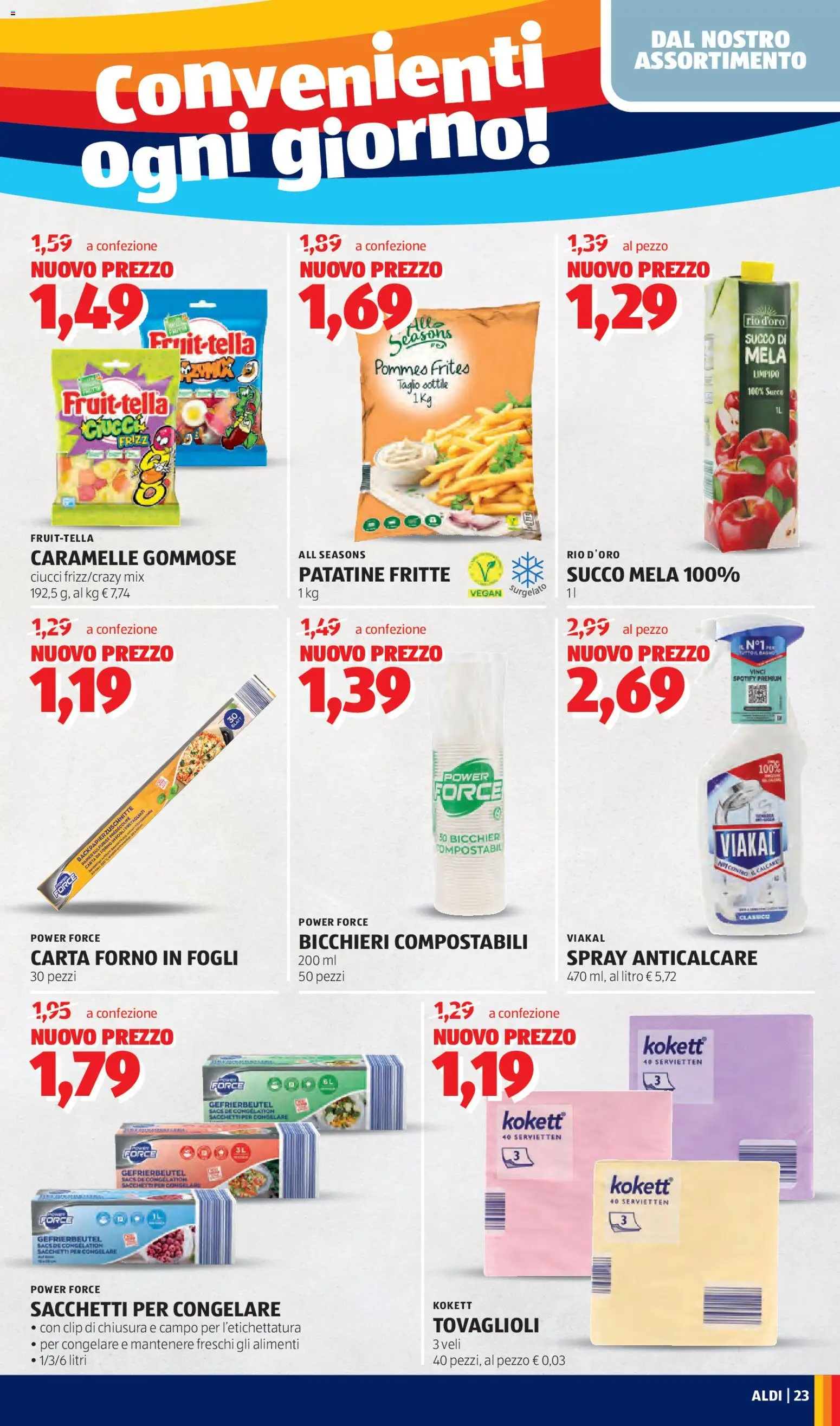 Volantino Aldi del 16.03.2026 | Pagina: 23 | Prodotti: Succo, Patatine, Freezer, Carta forno