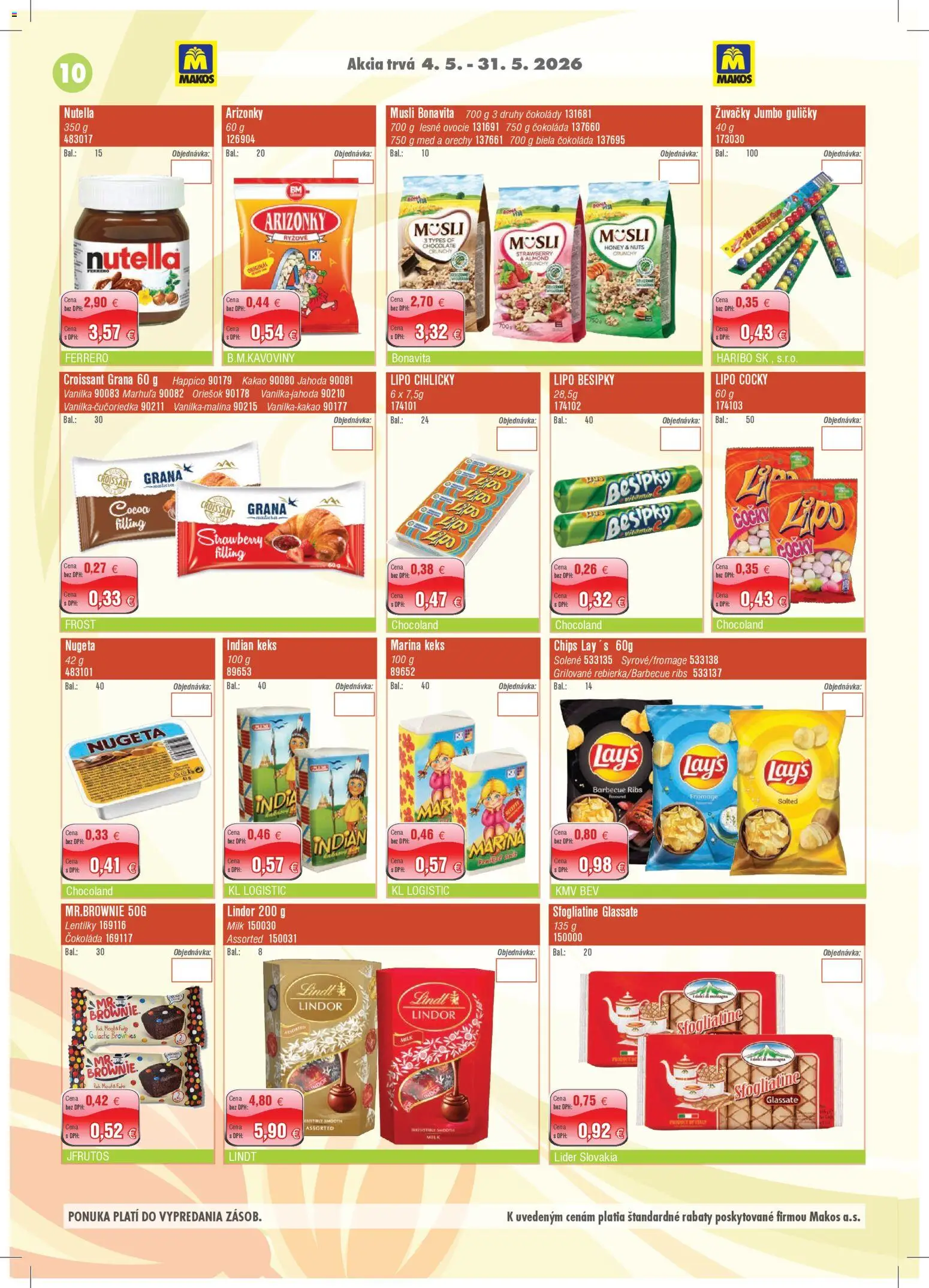 Nové Makos akcie – leták je platný od 04.05.2026 | Strana: 10 | Produkty: Lindor, Lindt, Čokoláda, Nutella