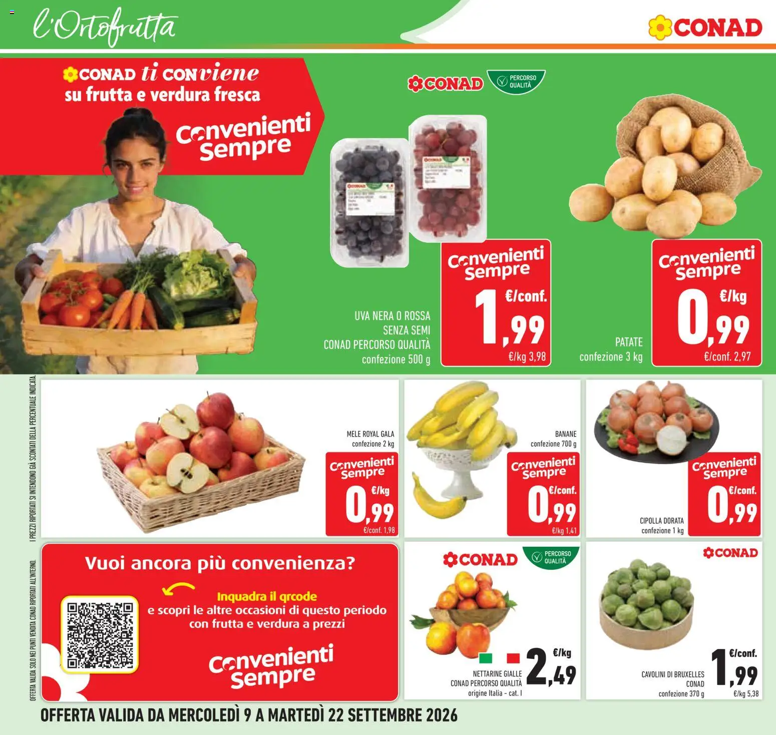Volantino Conad del 09/09/2026 | Pagina: 26 | Prodotti: Cipolle, Uva, Nettarine, Cavolini di bruxelles
