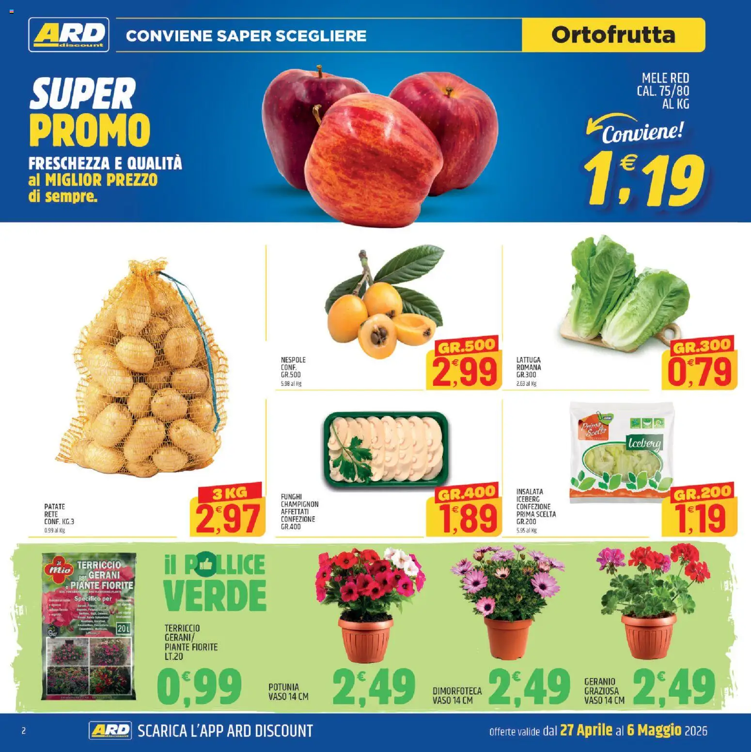 Volantino ARD Discount del 27.04.2026 | Pagina: 2 | Prodotti: Patate, Gerani, Terriccio, Lattuga