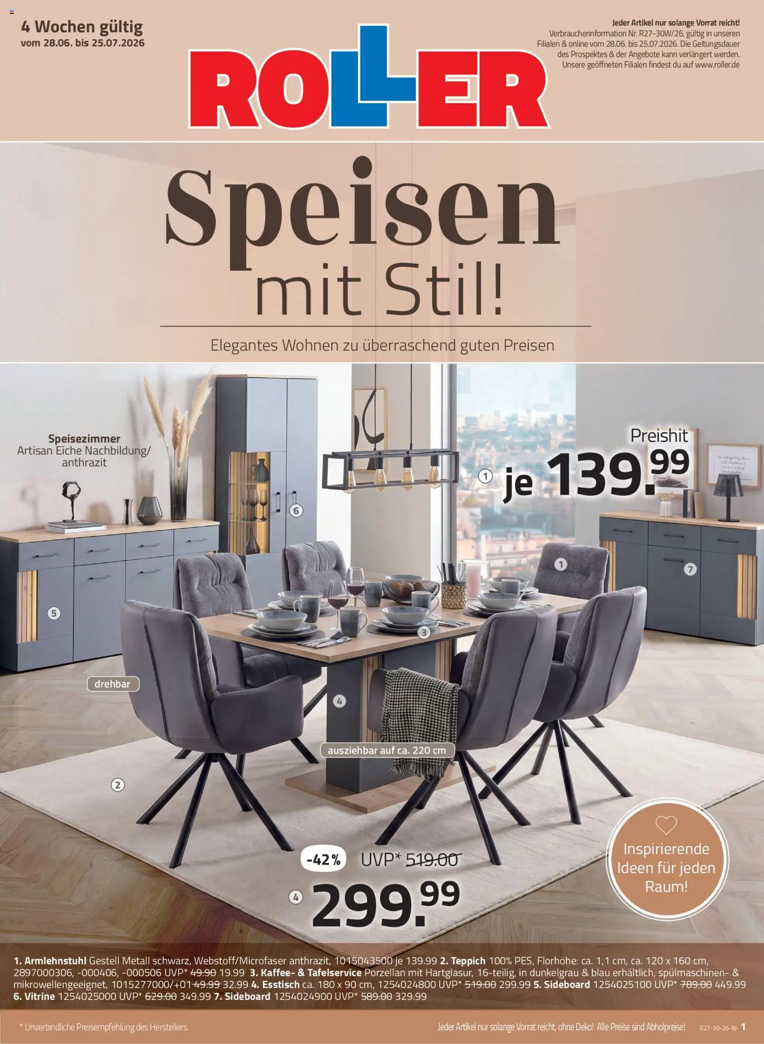 Roller Speisen Katalog – gültig ab 28.06.2026 | Seite: 1 | Produkte: Sideboard, Esstisch, Kaffee, Teppich