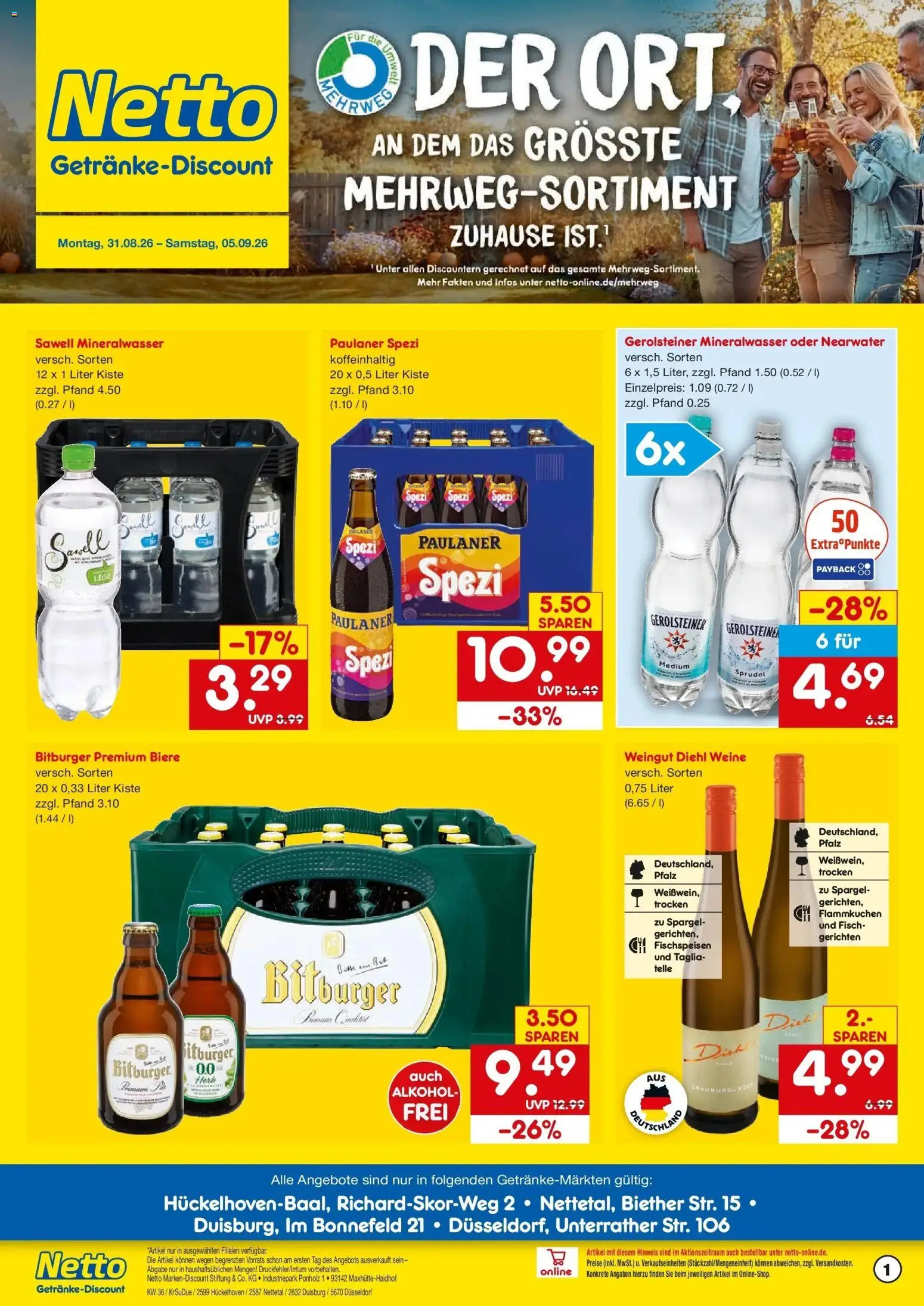 Netto Marken-Discount Prospekt Hückelhoven-Baal – gültig ab 31.08.2026 | Seite: 1 | Produkte: Bitburger, Paulaner spezi, Mineralwasser, Paulaner