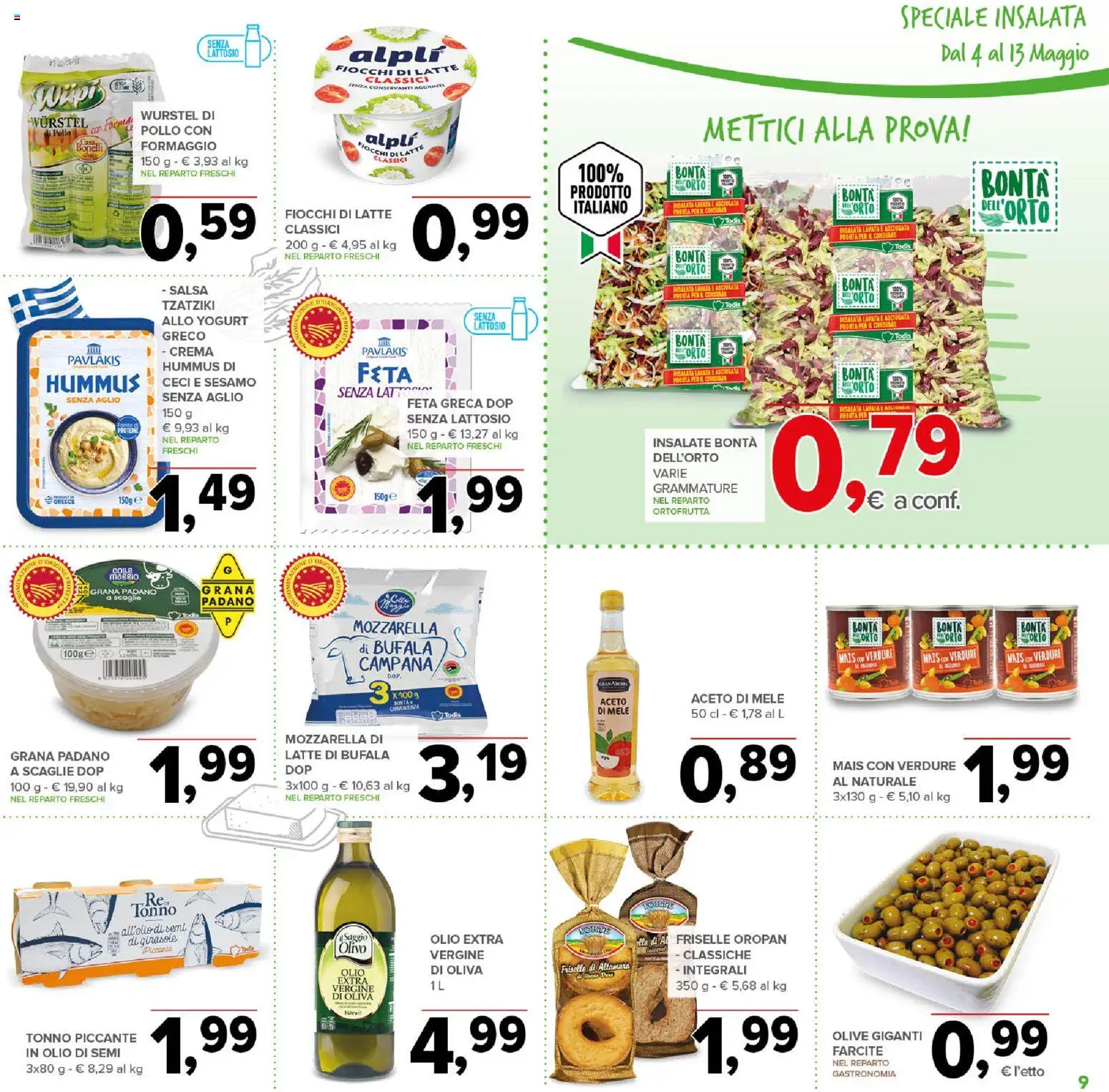 Volantino Todis del 04.05.2026 | Pagina: 9 | Prodotti: Formaggio, Olive, Aglio, Aceto