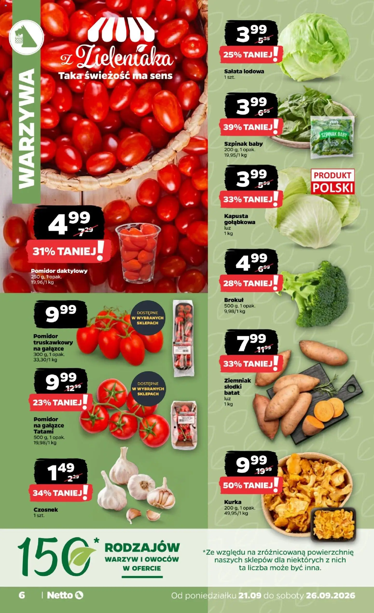Netto gazetka od poniedziałku od 21.09.2026 | Strona: 6 | Produkty: Batat, Sałata, Pomidor, Szpinak Baby