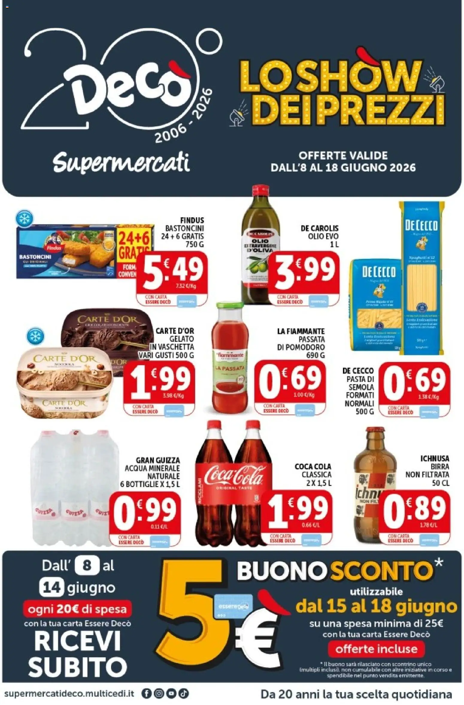 Volantino Decò del 08.06.2026 | Pagina: 1 | Prodotti: Gelato, Olio, Passata di pomodoro, Coca Cola