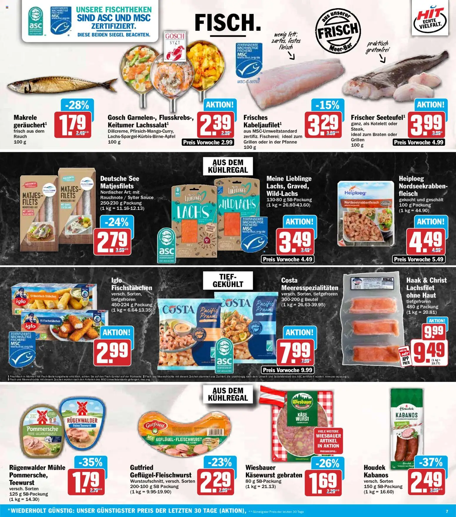 HIT Prospekt – gültig ab 21.09.2026 | Seite: 7 | Produkte: Fischstabchen, Meeresfrüchte, Wurst, Makrele