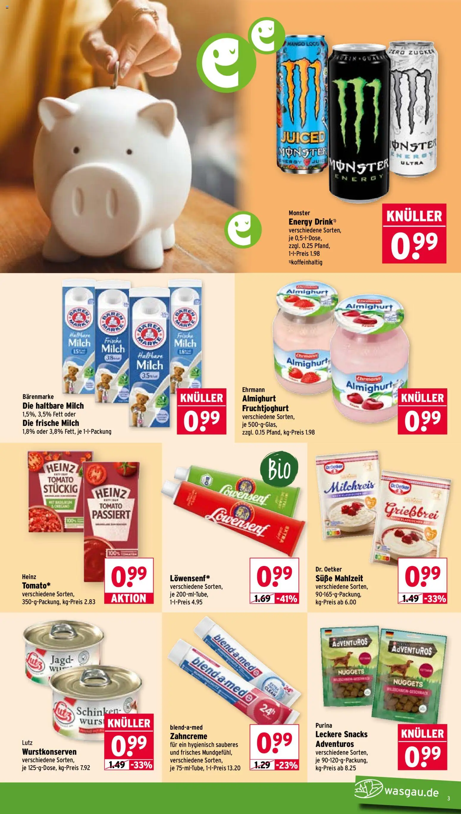Wasgau Prospekt – gültig ab 20.07.2026 | Seite: 3 | Produkte: Ehrmann almighurt, Milch, Haltbare milch, Schinken