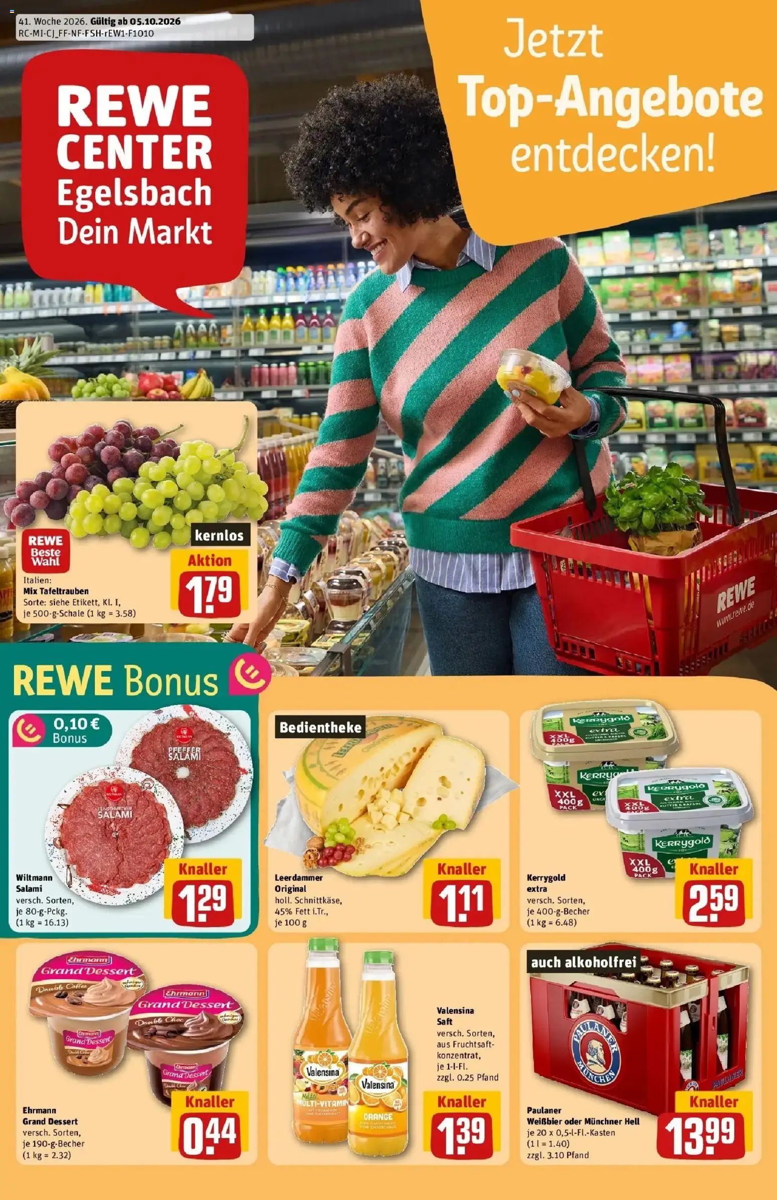 REWE Prospekt ab 05.10.2026 zum Blättern » Angebote | Seite: 1 | Produkte: Valensina, Salami, Saft, Paulaner