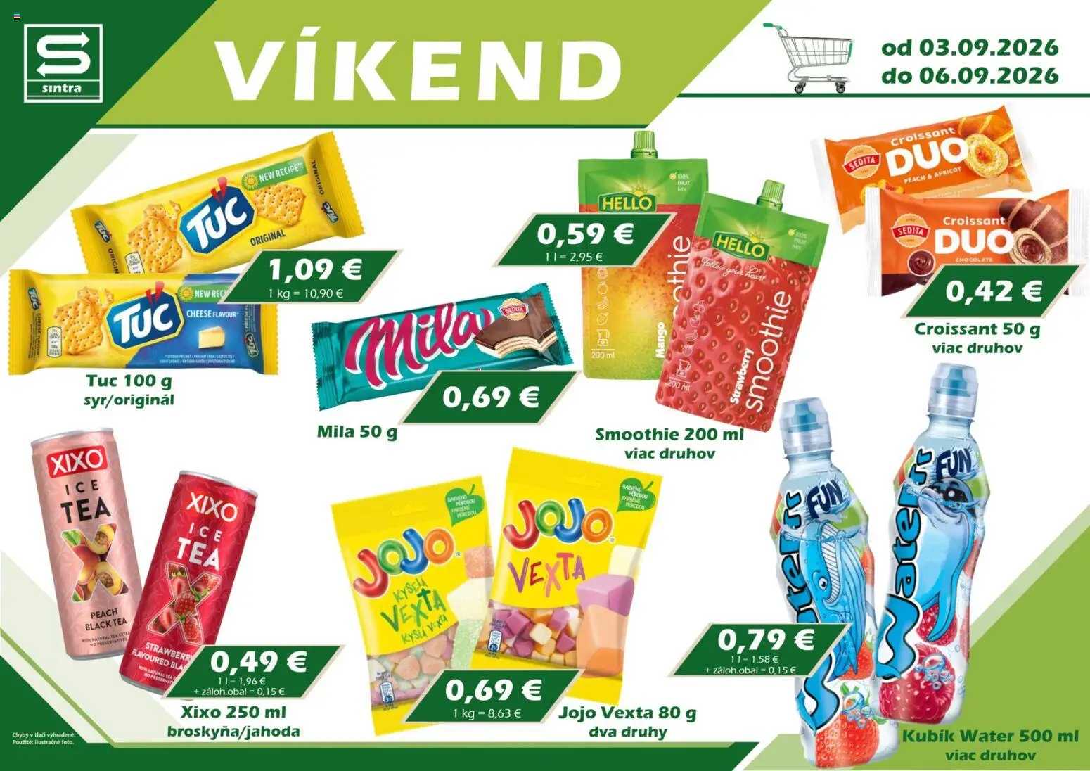 Nové Sintra akcie – leták je platný od 03.09.2026 | Strana: 1 | Produkty: Croissant, Mila, Smoothie, Mango