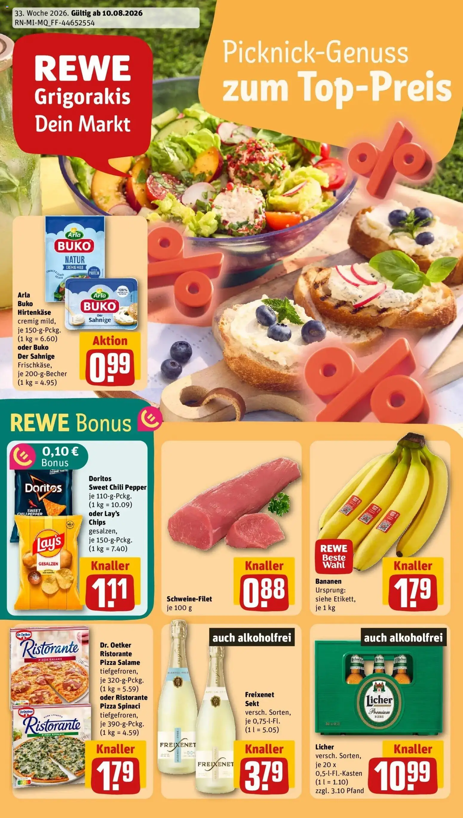 REWE Prospekt ab 10.08.2026 zum Blättern » Angebote | Seite: 1 | Produkte: Sekt, Bananen, Schweinefilet, Arla buko