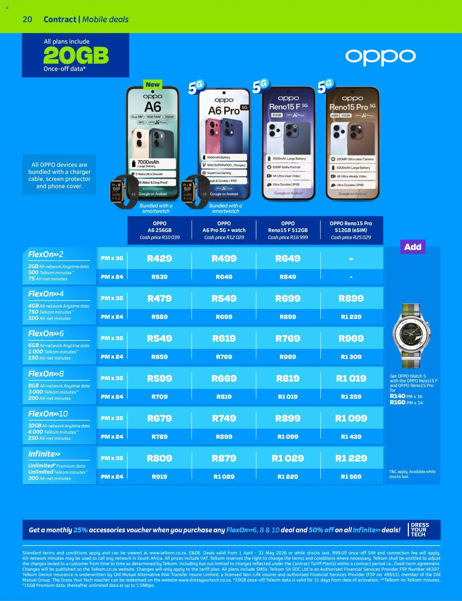 New Telkom catalogue – valid from 01.04.2026 | Page: 20 | Products: Smartwatch, Battery, Charger, Water