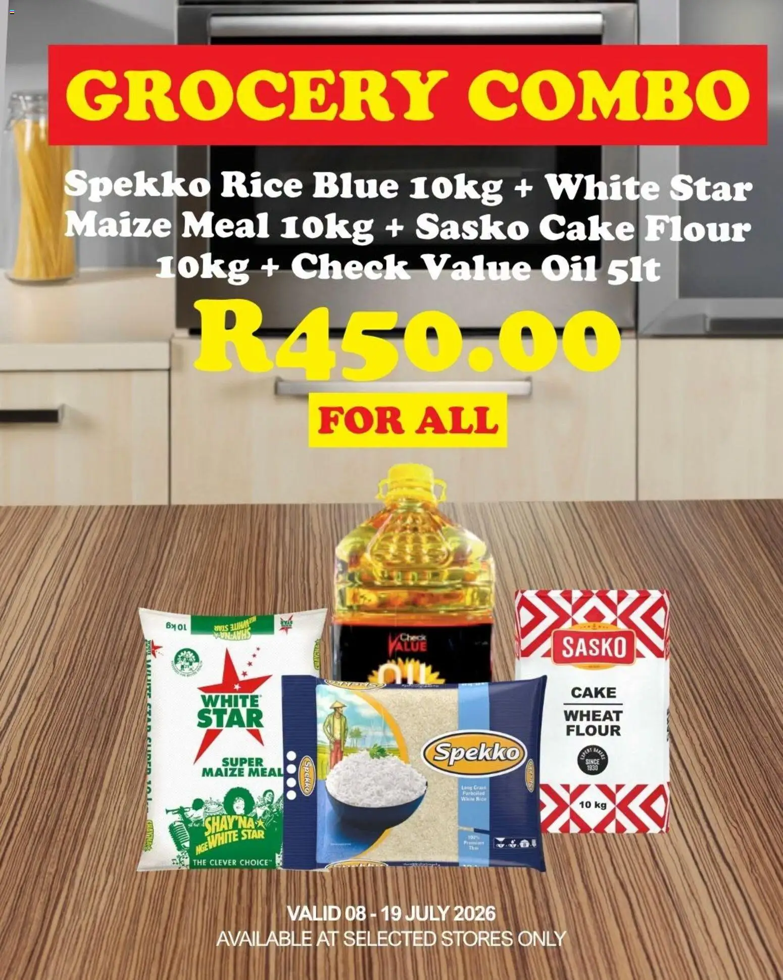 New Check Save catalogue – valid from 08/07/2026 | Page: 1 | Products: Cake, Flour, Maize meal, Oil
