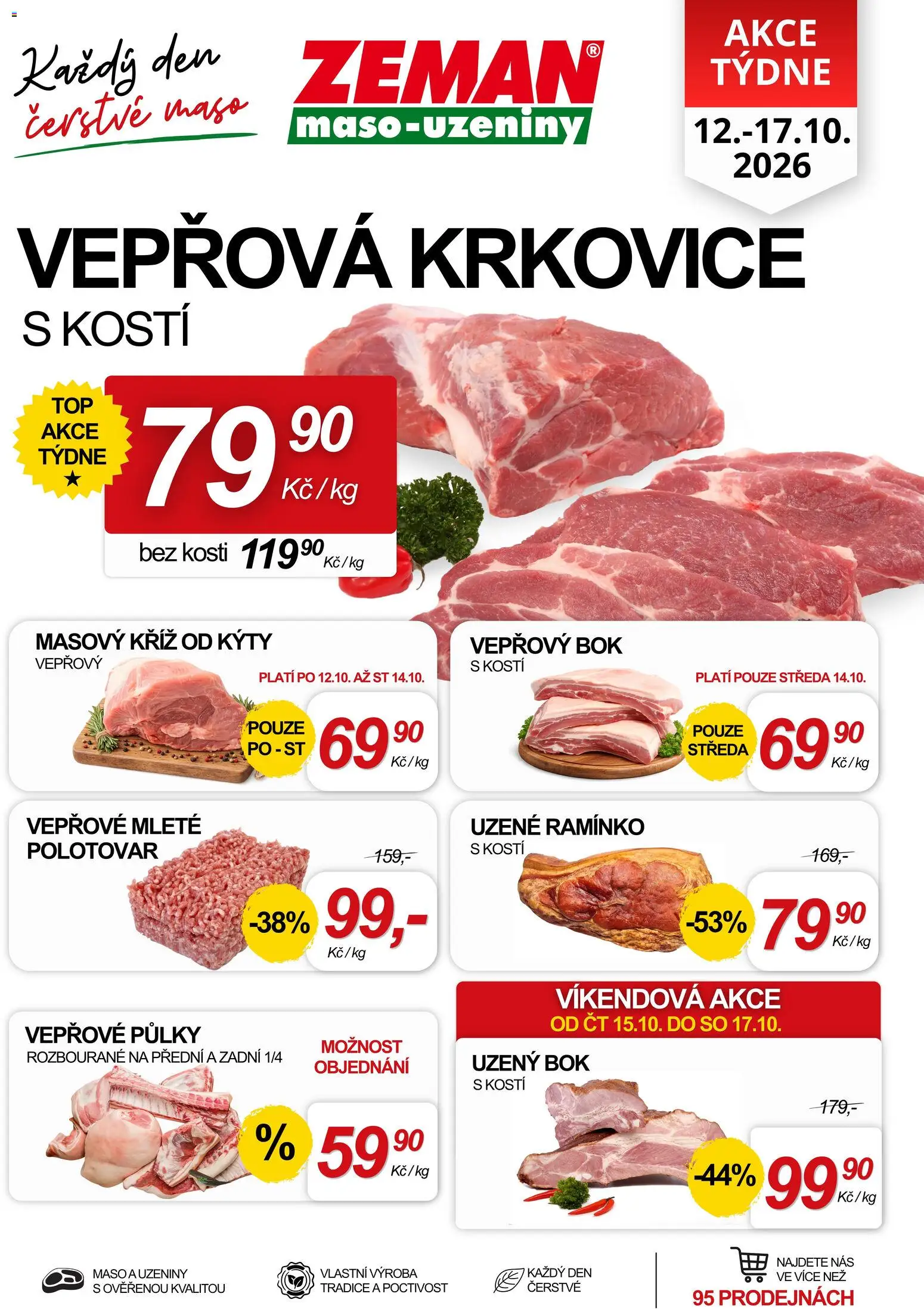 Prodejny Zeman leták od 12.10.2026 | Strana: 1 | Produkty: Vepřový bok, Vepřové půlky, Maso, Krkovice
