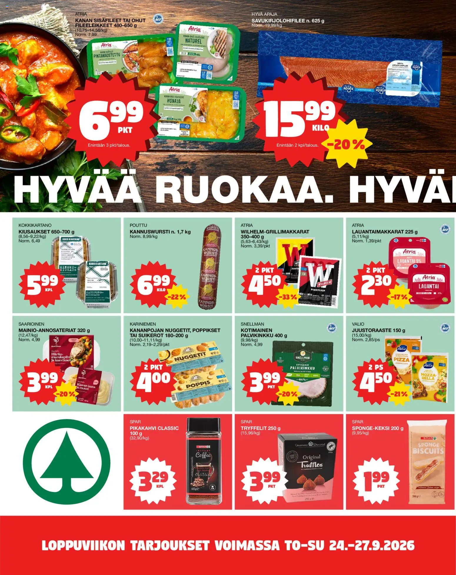 Tokmanni Ruokasanomat – voimassa 24/09/2026 alkaen | Sivu: 2 | Tuotteet: Juustoraaste, Pikakahvi, Pizza, Hunaja