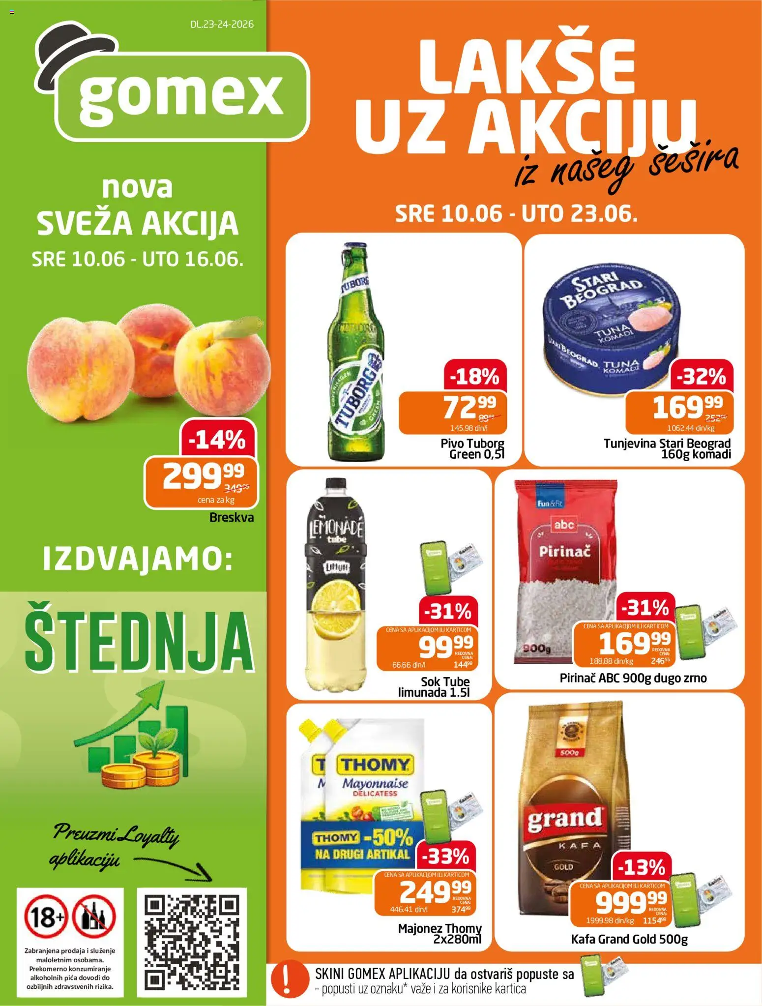 Gomex katalog - važi od 10.06.2026 | Strana: 1 | Proizvode: Majonez, Sok, Breskva, Pirinač