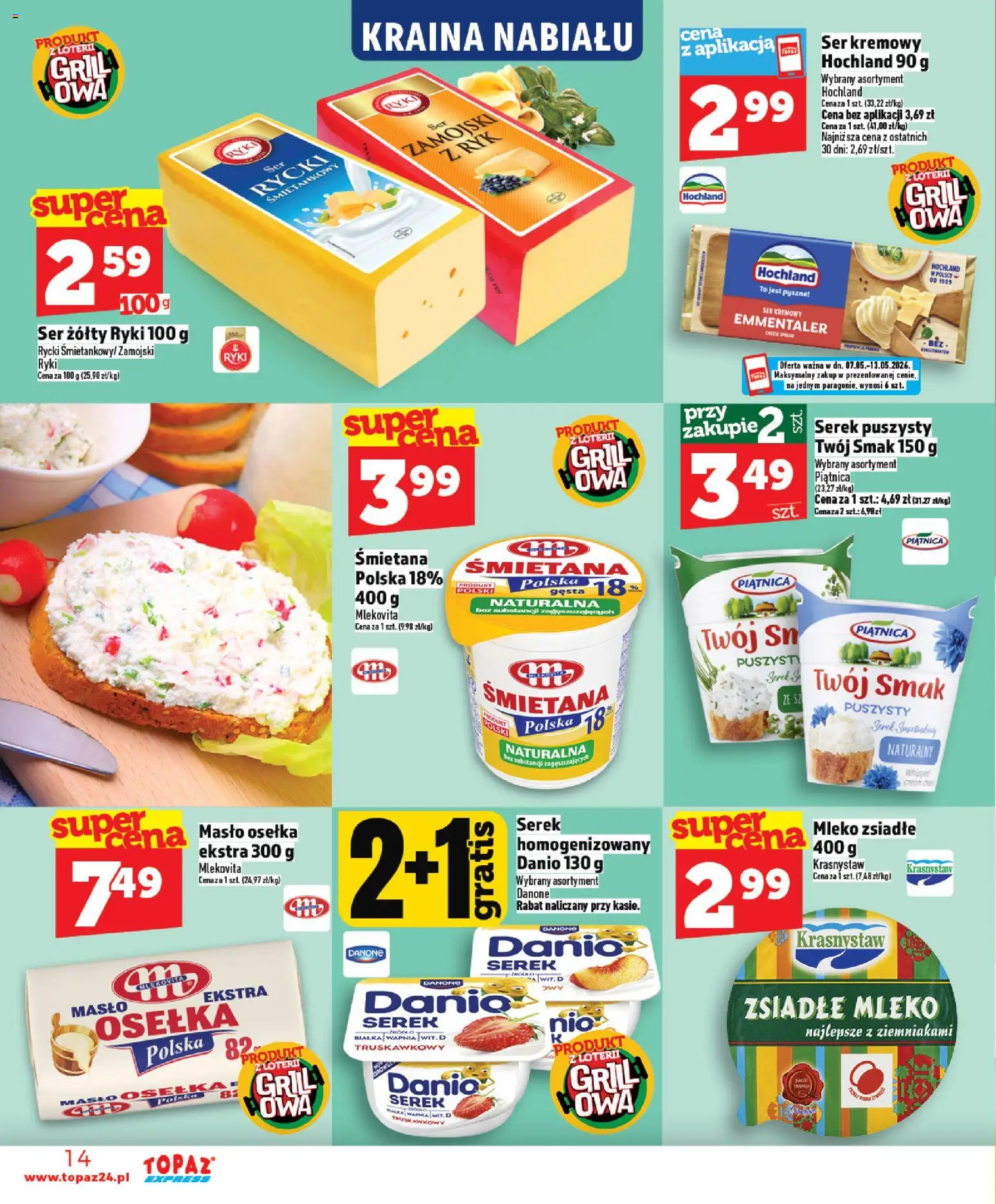 Topaz gazetka - Express od 07.05.2026 | Strona: 14 | Produkty: Osełka, Zsiadłe mleko, Serek, Grill