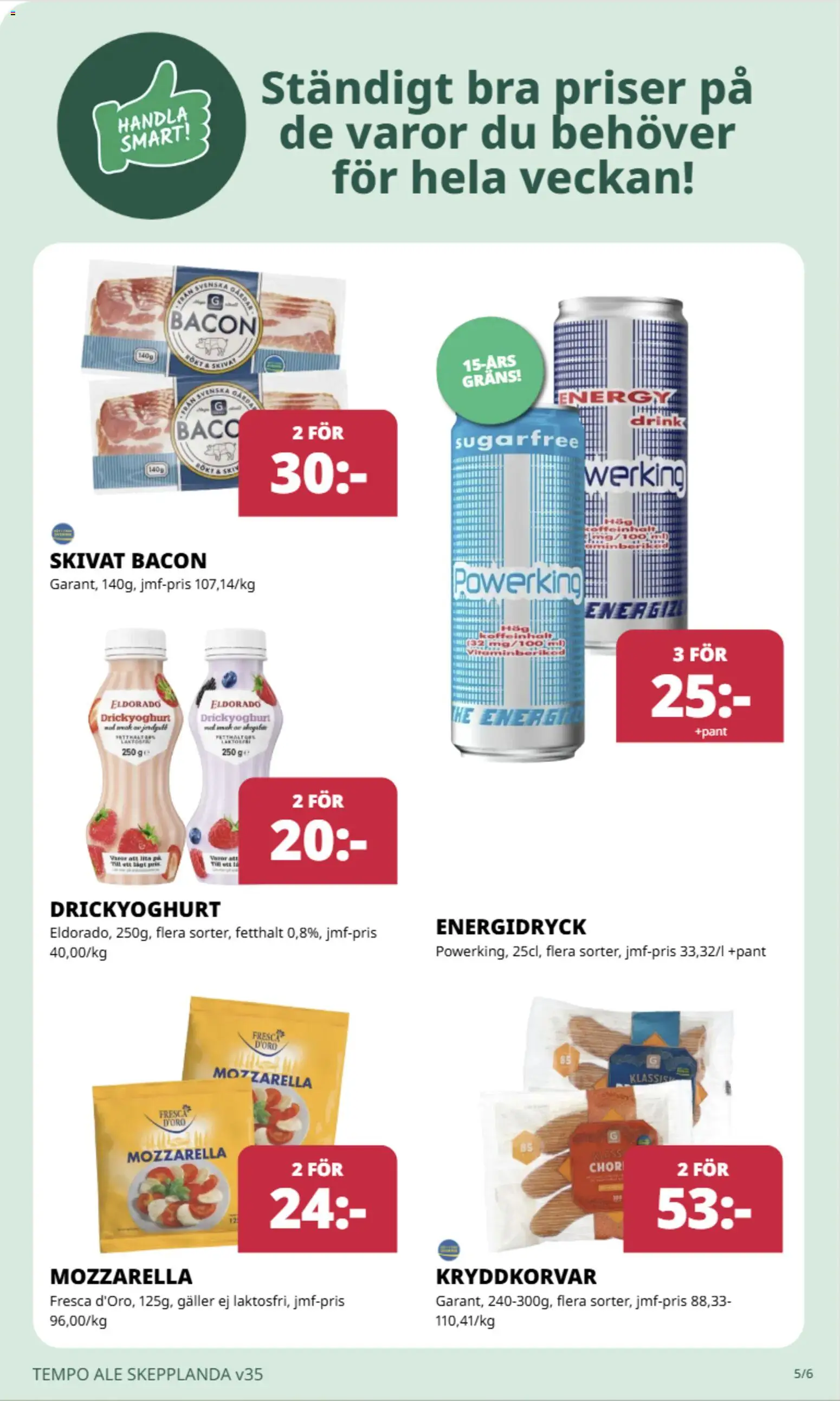 Tempo reklamblad aktuell från 24/08/2026 | Sida: 5 | Produkter: Mozzarella, Bacon, Galler, Energidryck
