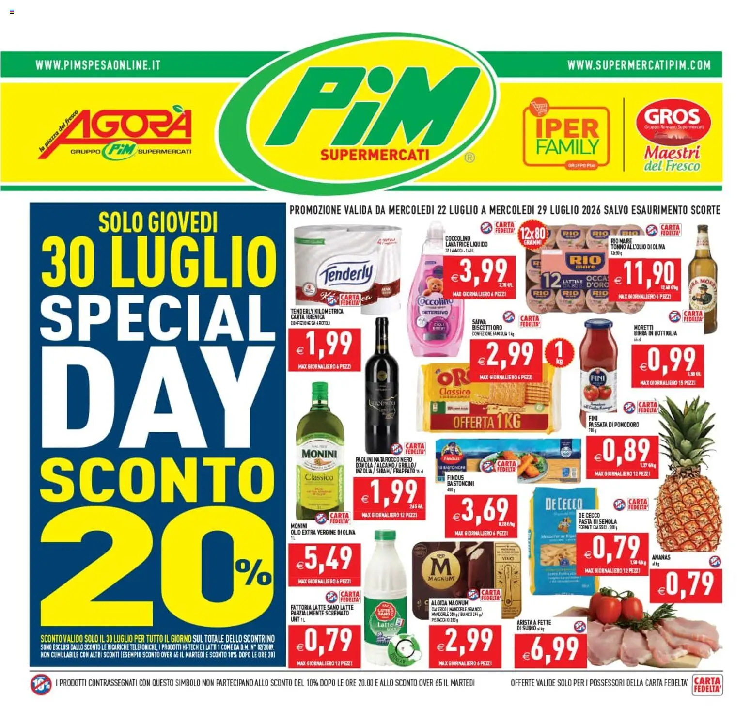 Volantino PIM Supermercati del 22/07/2026 | Pagina: 1 | Prodotti: Biscotti, Suino, Vino, Pasta
