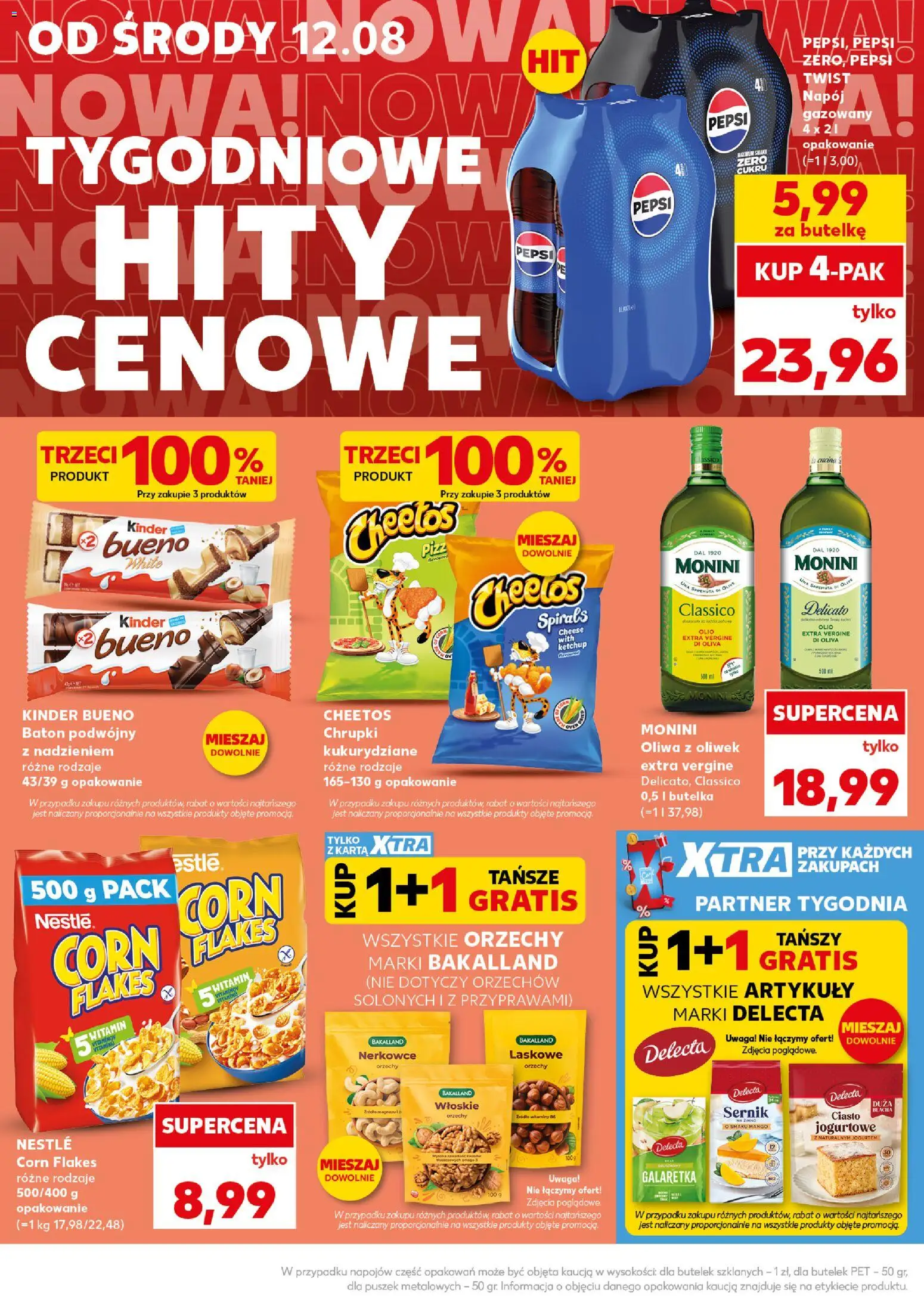 Kaufland Polsko leták - Mocny start od 17.08.2026 | Strana: 12 | Produkty: Pepsi, Cheetos, Kinder, Kinder Bueno