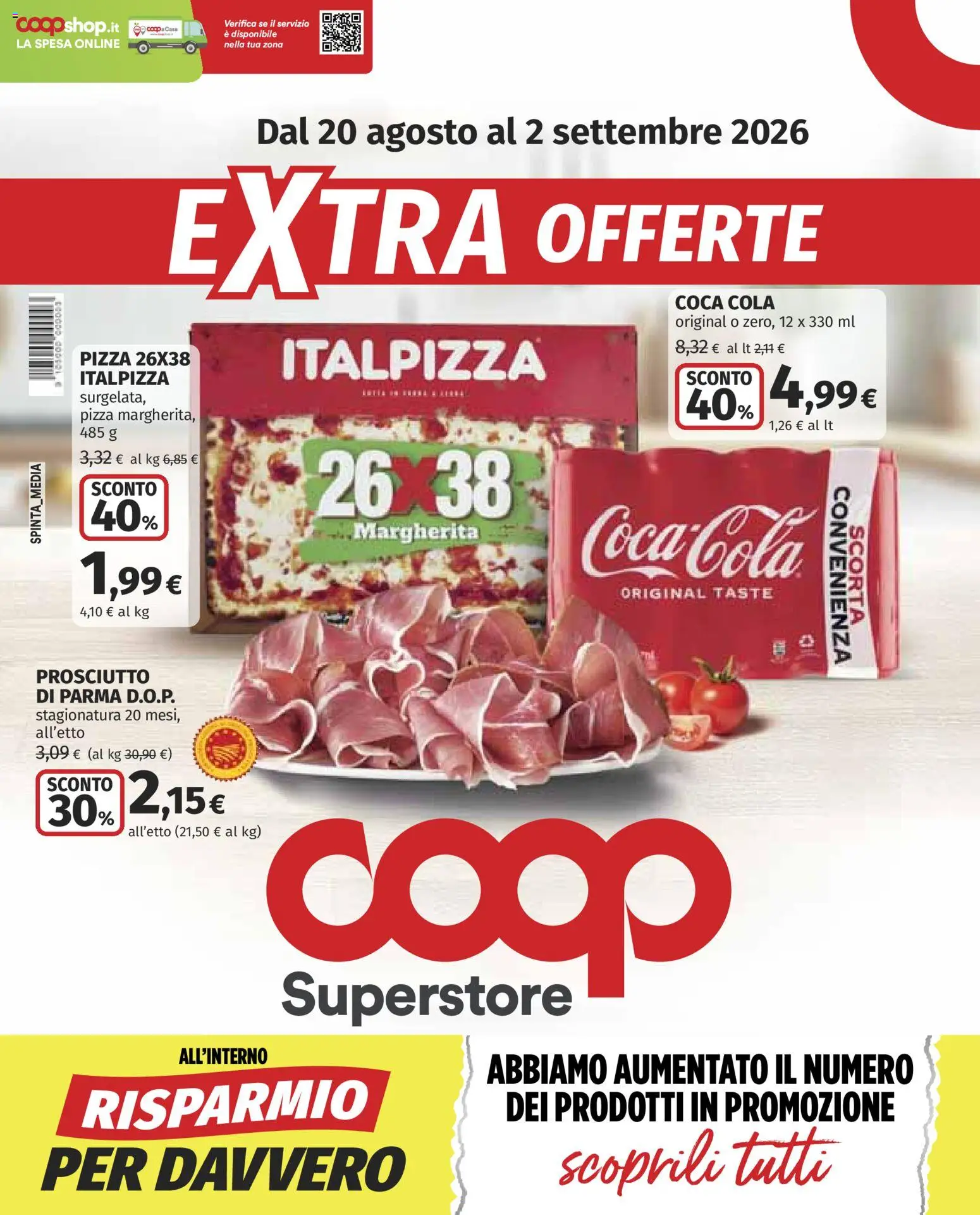 Volantino COOP del 20/08/2026 | Pagina: 1 | Prodotti: Prosciutto di Parma, Pizza, Prosciutto, Coca Cola