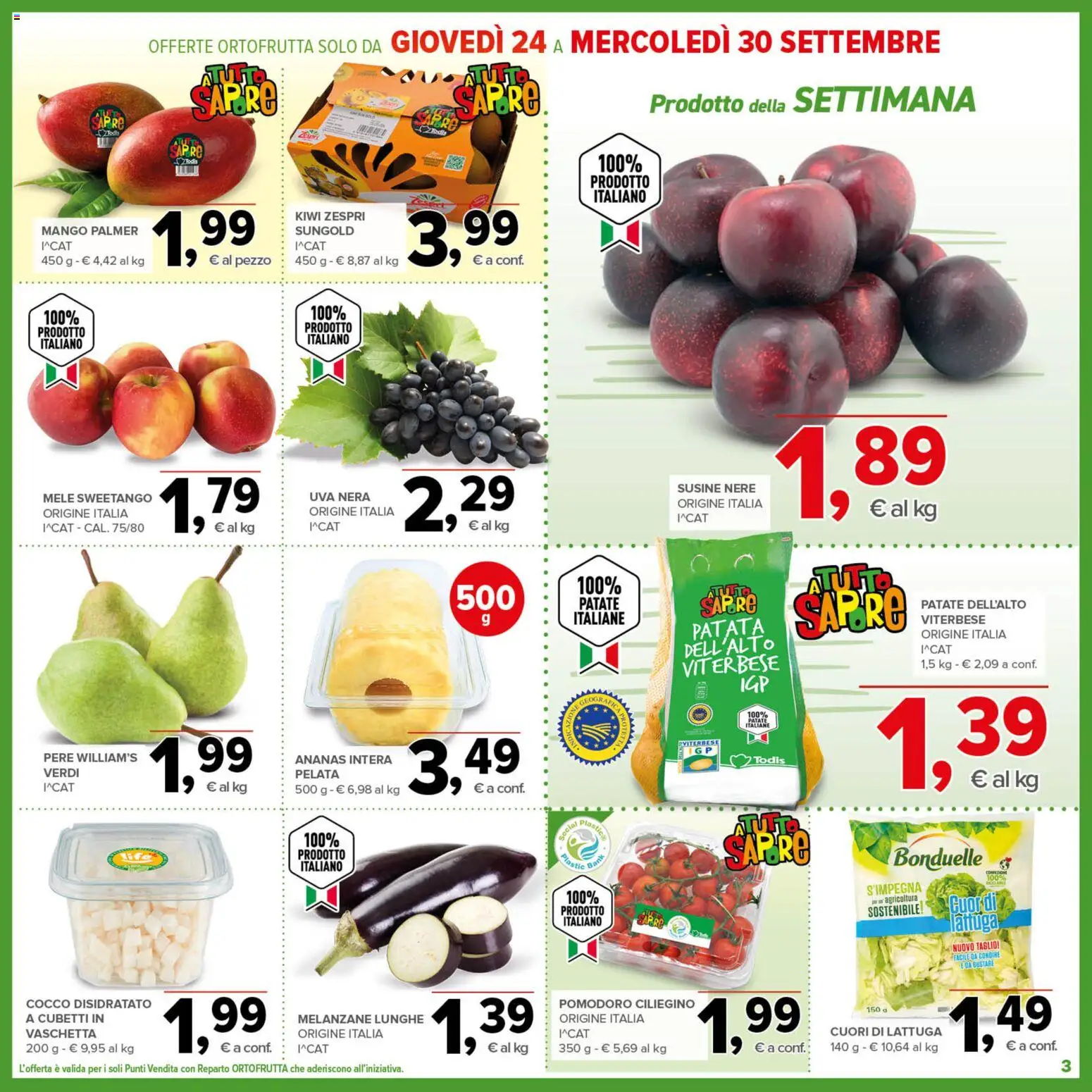 Volantino Todis del 17/09/2026 | Pagina: 3 | Prodotti: Kiwi, Pomodoro, Mango, Lattuga
