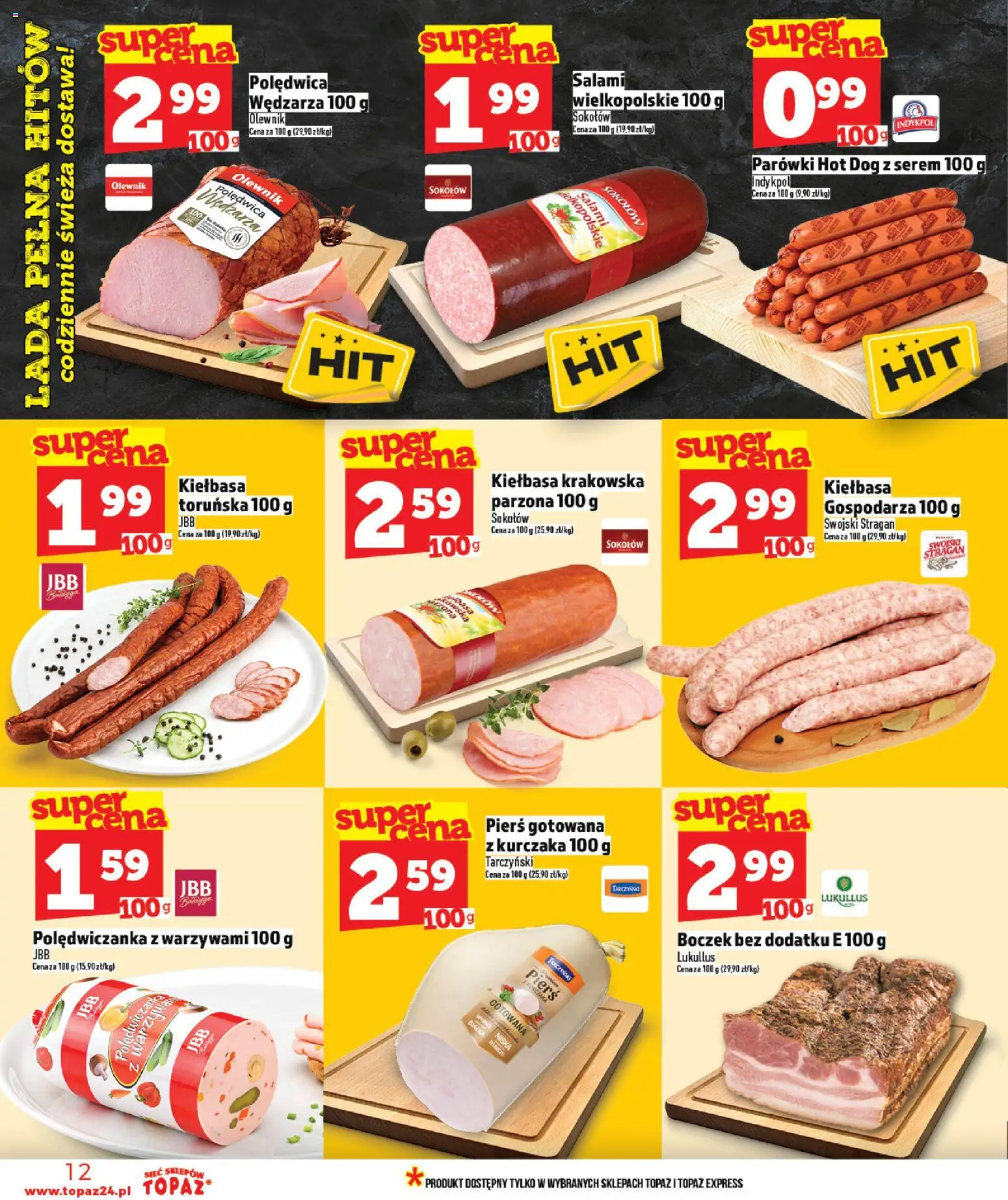 Topaz gazetka - MAZ od 12.03.2026 | Strona: 12 | Produkty: Kiełbasa, Parówki, Kiełbasa krakowska, Boczek