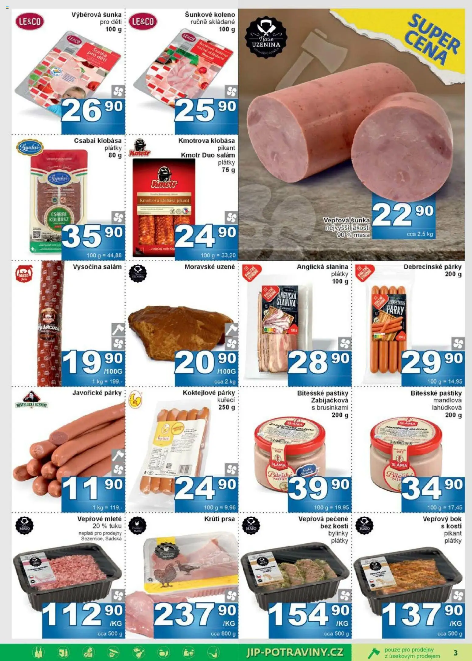 Jip leták od 03.06.2026 | Strana: 3 | Produkty: Párky, Vysočina, Moravské uzené, Slanina
