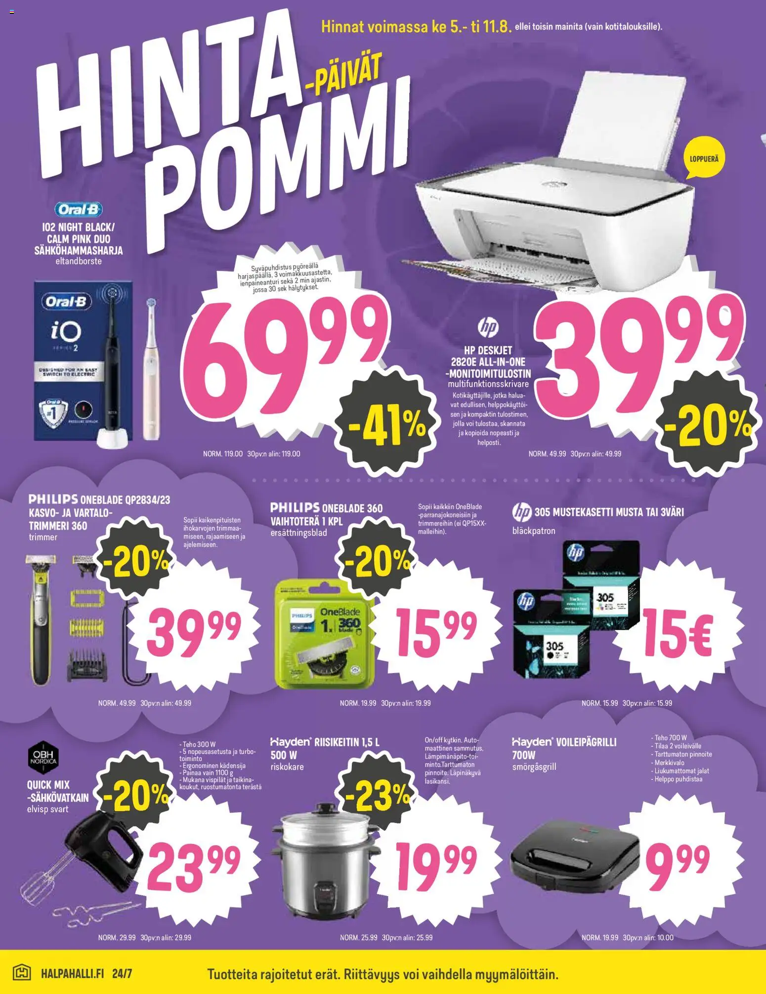 Halpa Halli tarjoukset – voimassa 05/08/2026 alkaen | Sivu: 8 | Tuotteet: Voileipägrilli, Sähköhammasharja, Voi, Trimmeri
