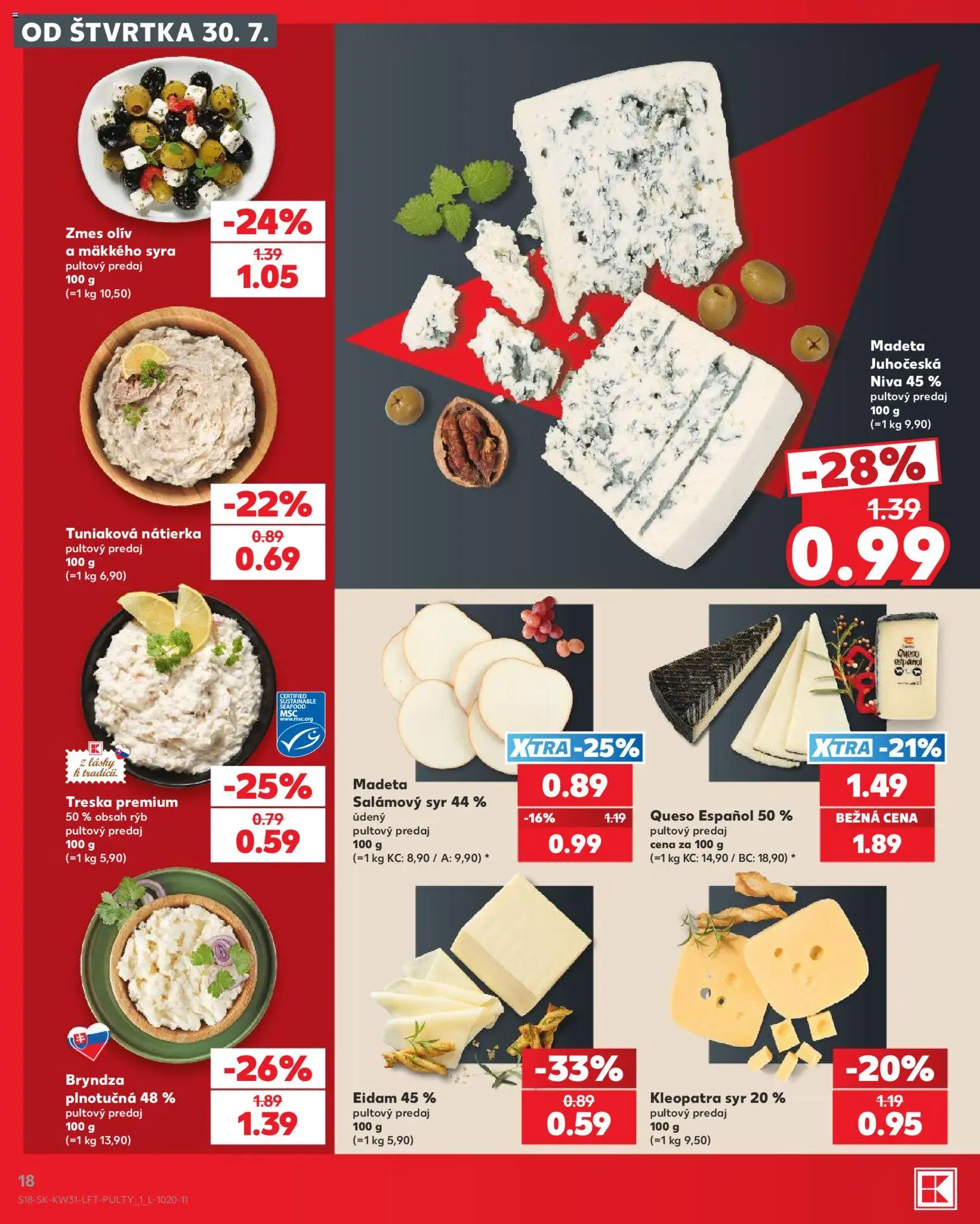 Nové Kaufland akcie – leták je platný od 30.07.2026 | Strana: 18 | Produkty: Syr, Eidam, Bryndza, Treska