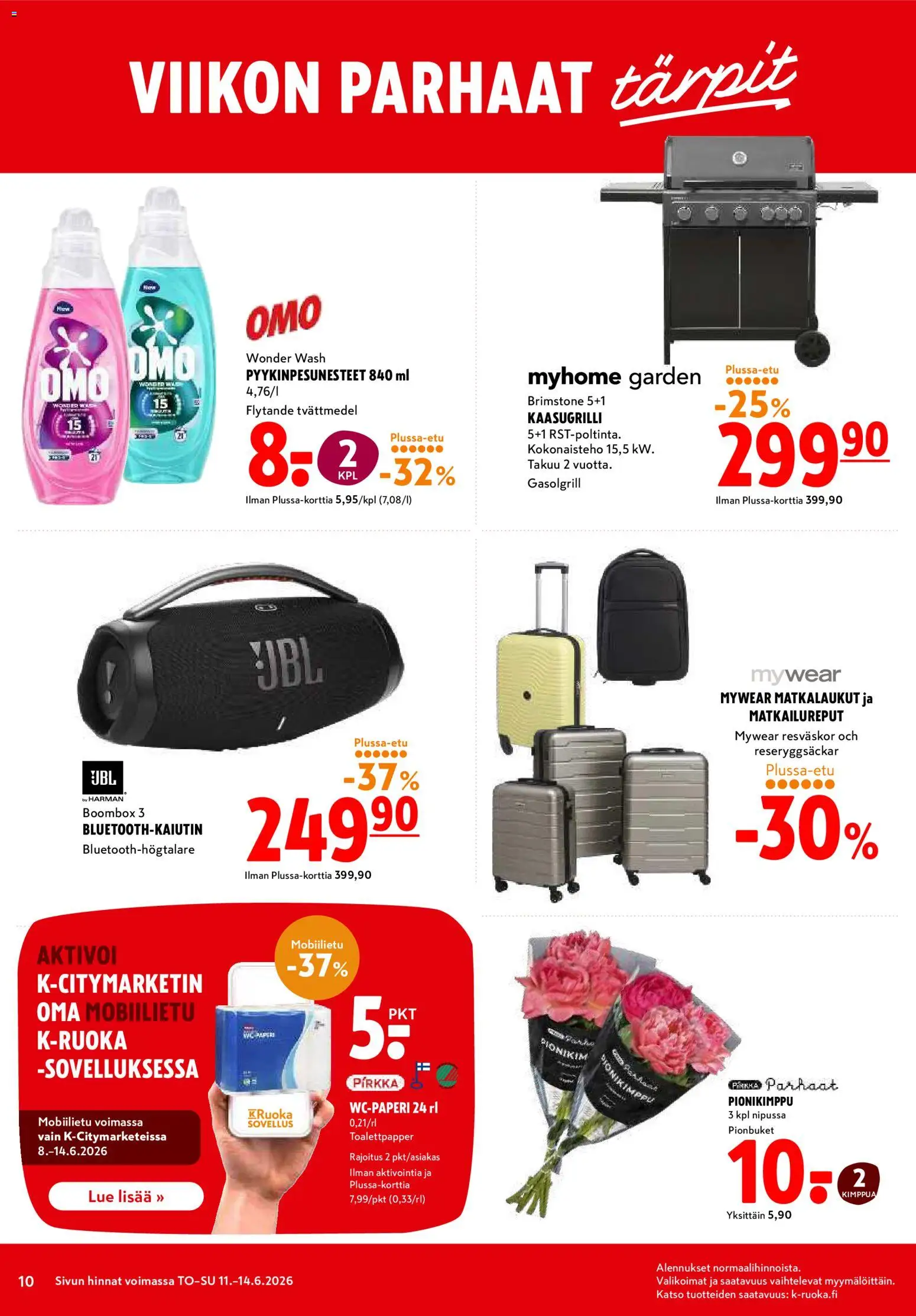 K-Citymarket tarjoukset – voimassa 11.06.2026 alkaen | Sivu: 10 | Tuotteet: Kaasugrilli, Boombox