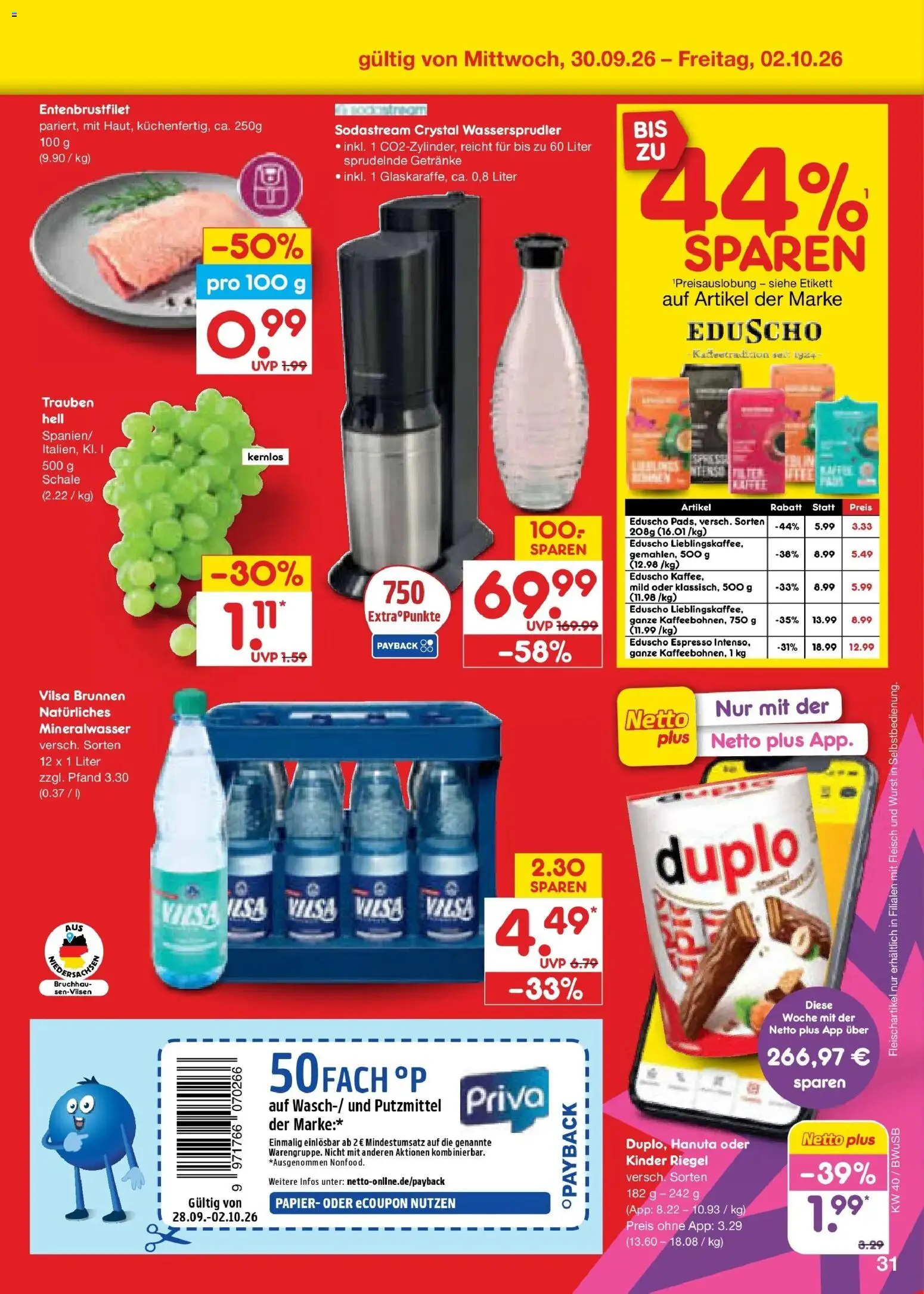 Netto Marken-Discount Prospekt Stemwede-Dielingen – gültig ab 28.09.2026 | Seite: 49 | Produkte: Trauben, Kinder riegel, Mineralwasser, Sodastream