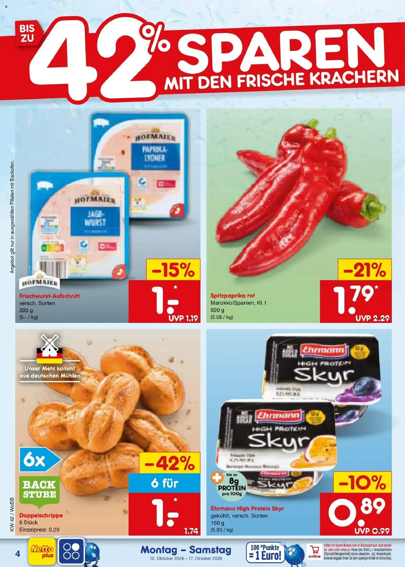 Netto Marken-Discount Prospekt Ludwigshafen-Edigheim (ab 12.10.2026) » Angebote | Seite: 4 | Produkte: Mehl, Skyr, Paprika, Wurst