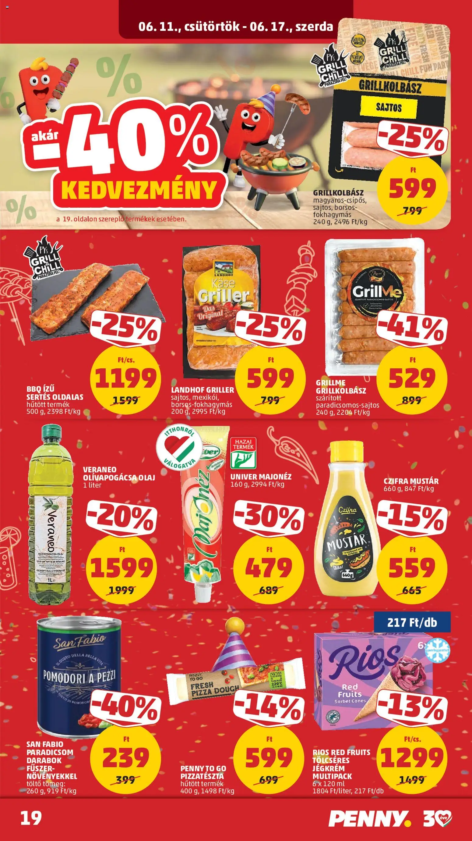 PENNY akciós ujság - amely érvényes a következő dátumtól: 11.06.2026 | Oldal: 23 | Termékek: Grillkolbász, Pizza, Jégkrém, Fűszer