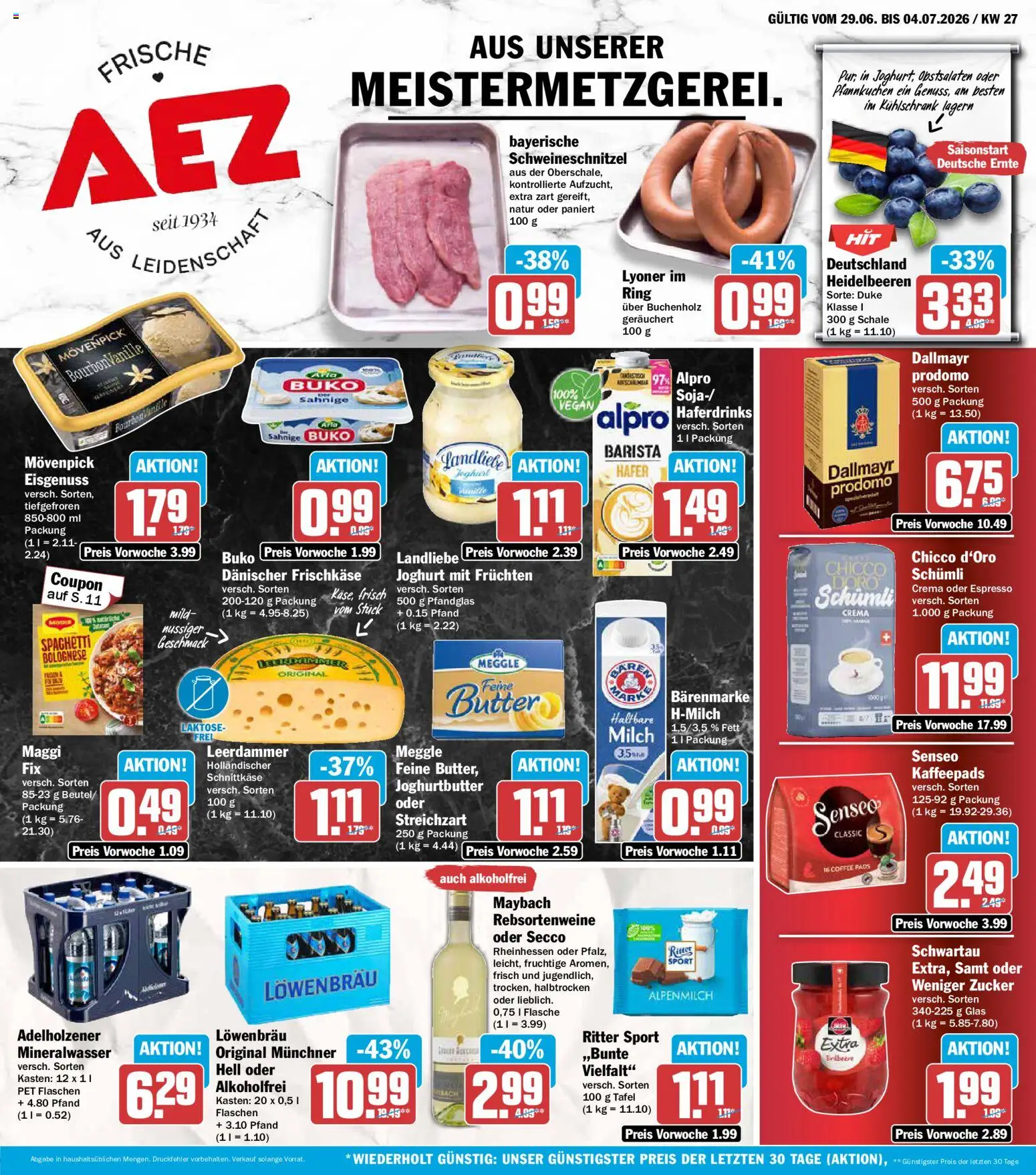 AEZ Prospekt – gültig ab 29.06.2026 | Seite: 1 | Produkte: Maggi, Kühlschrank, Mineralwasser, Bourbon