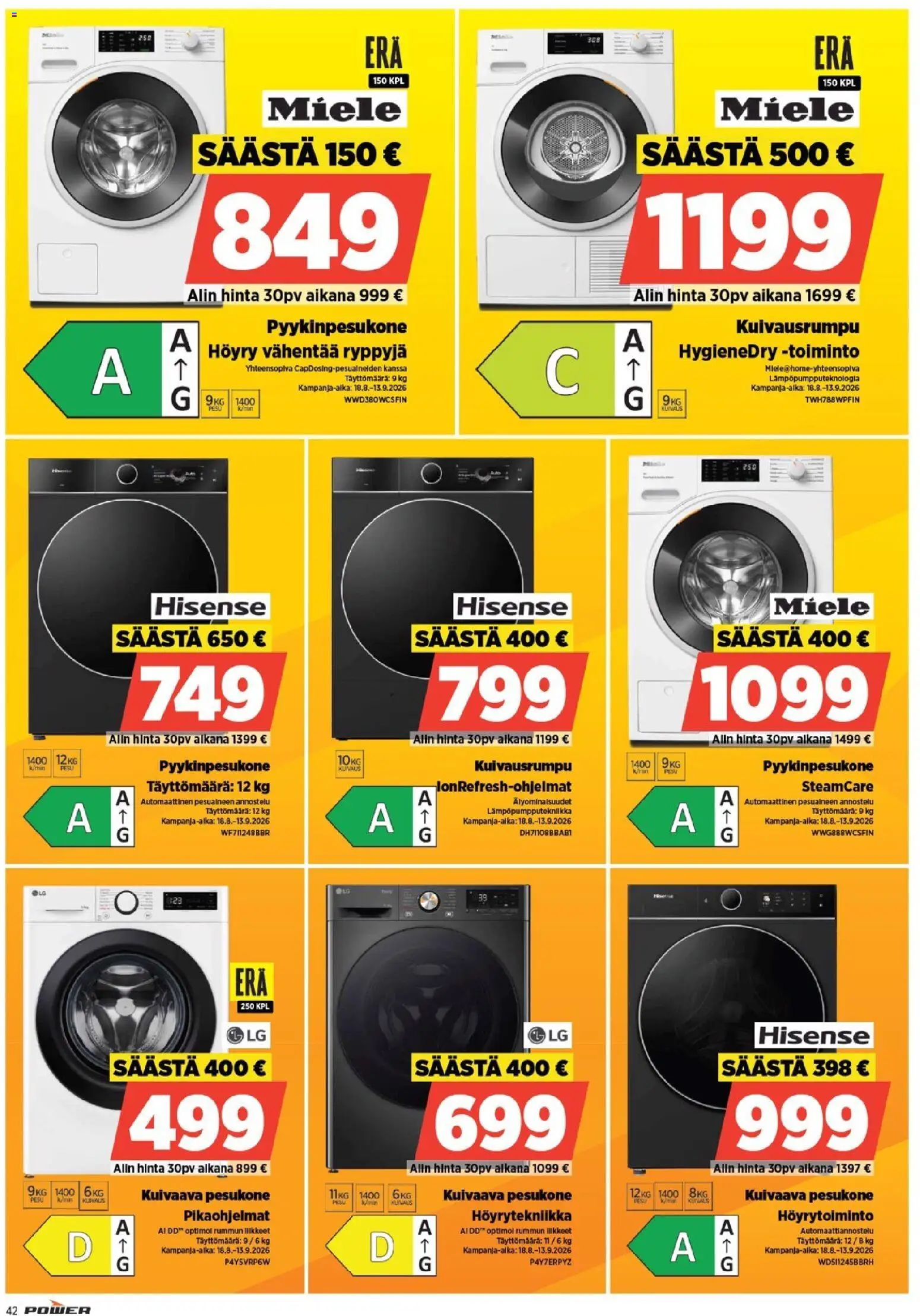 Power tarjoukset – voimassa 25/08/2026 alkaen | Sivu: 42 | Tuotteet: Pesukone, Kuivausrumpu, Kuivaava pesukone