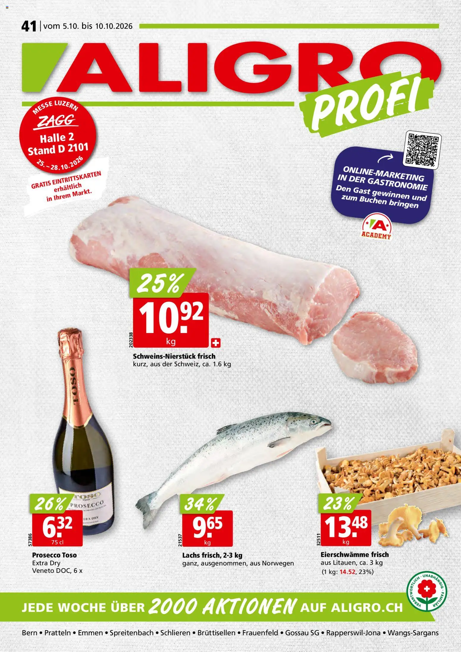 Aligro aktionen Schlieren, Gossau SG, Frauenfeld, Rapperswil-Jona, Sargans, Bern – gültig ab 05.10.2026 | Seite: 1 | Produkte: Lachs, Prosecco
