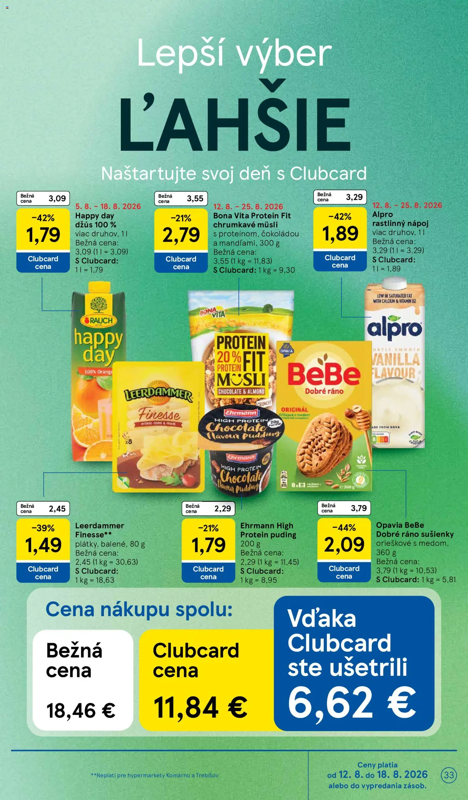 Nové Tesco akcie – leták je platný od 12.08.2026 | Strana: 33 | Produkty: BeBe Dobré ráno, Džús, Protein, Alpro