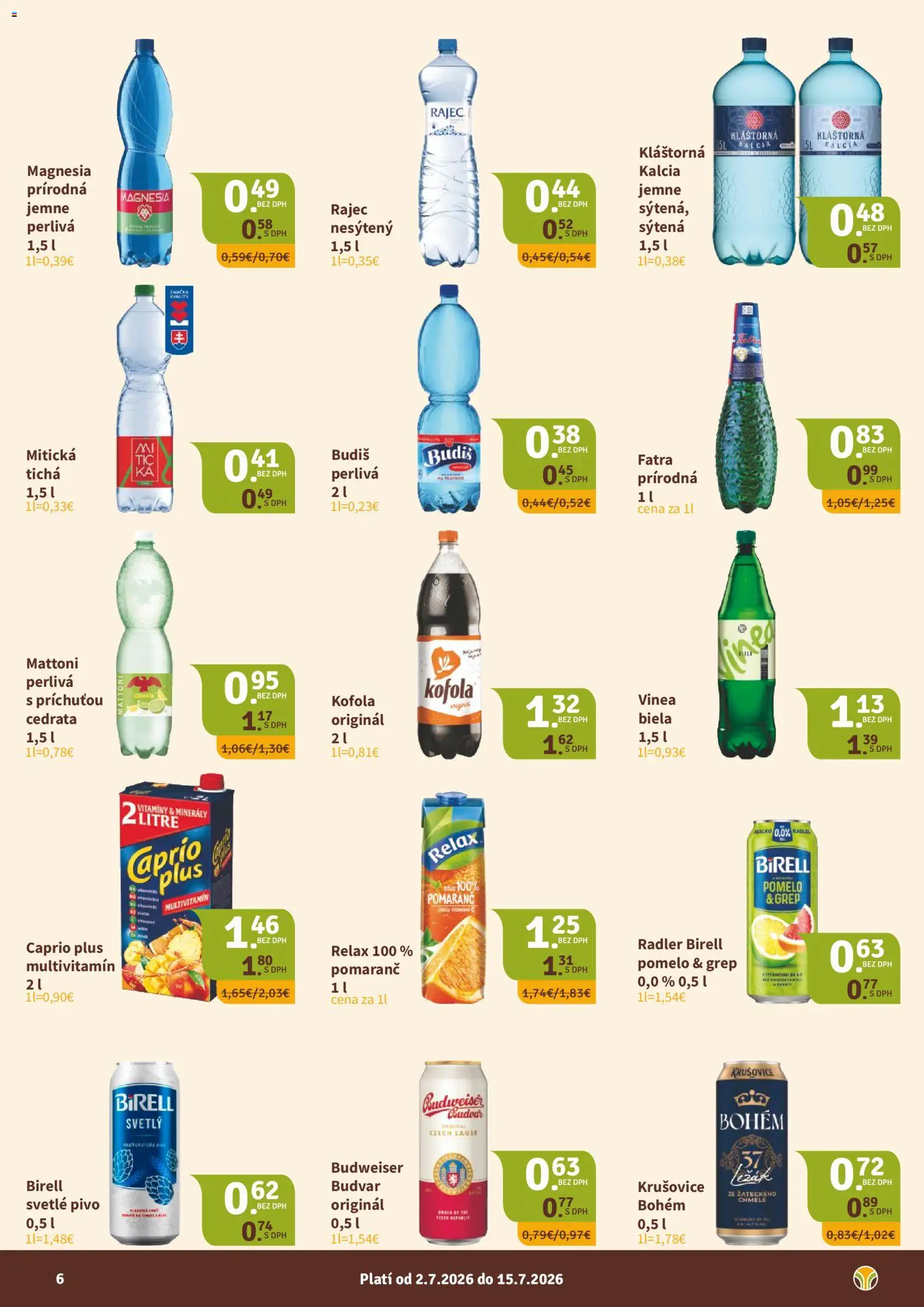 Nové Nitrazdroj akcie – leták je platný od 02.07.2026 | Strana: 6 | Produkty: Radler, Budiš, Mattoni, Grep