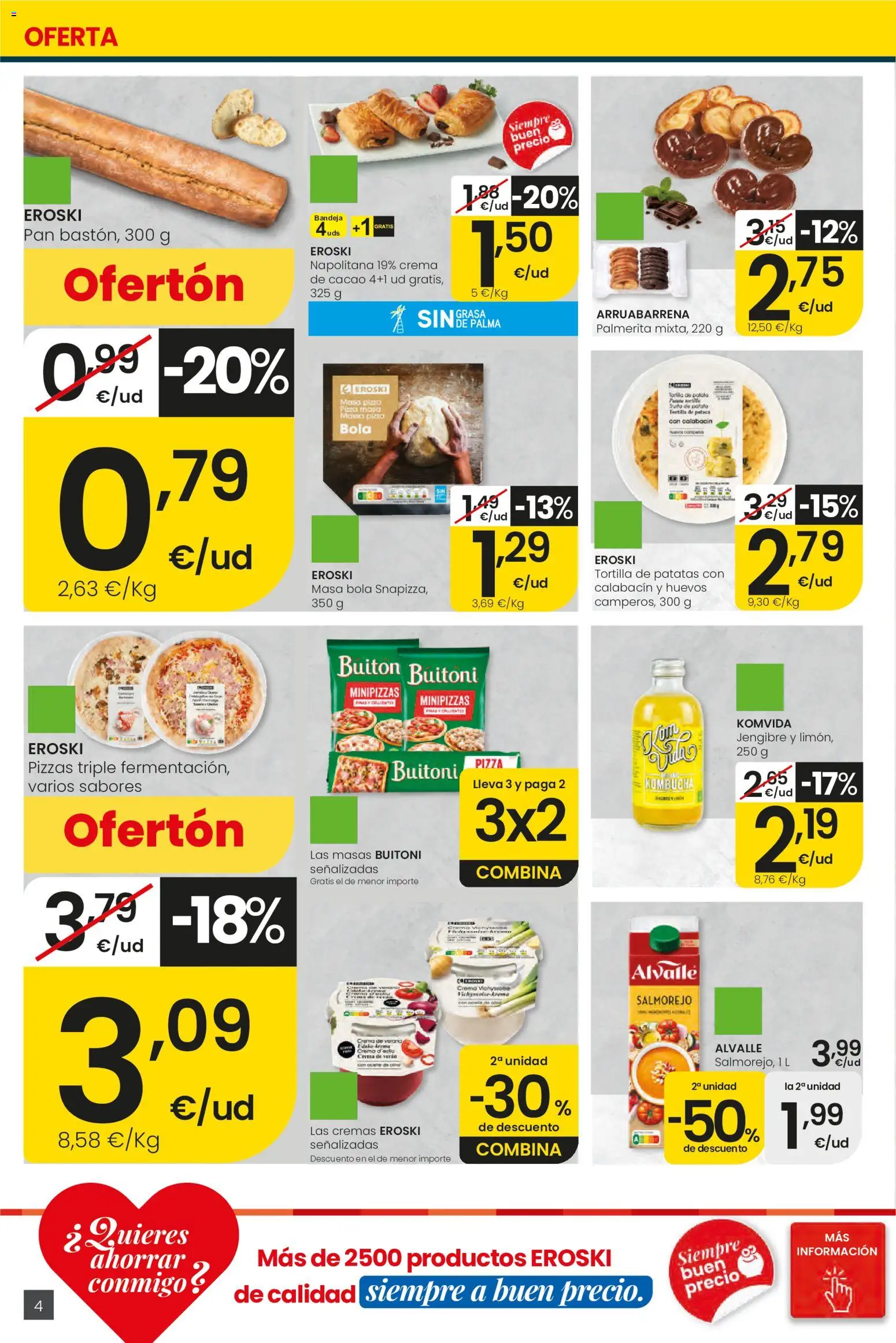 Eroski Ofertones de verano │ válido desde el 28.05.2026 | Página: 4 | Productos: Huevos, Pizza, Crema, Φρυγανιές σικάλεως